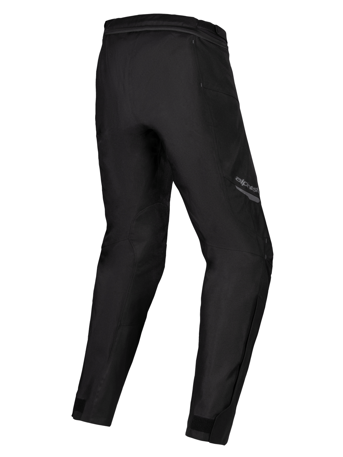 Alpinestars Stella ST-1 Waterproof Pants, Women's Motorcycle Pants, Black, rear three-quarter view showing pre-curved legs, textile construction with waist connection zipper and ankle adjusters, adventure touring gear