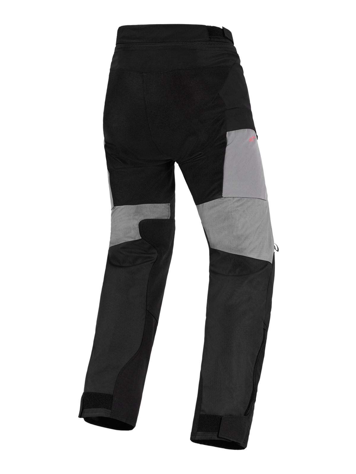 Calças Alpinestars Stella Andes V4 Drystar®, calças de motociclismo de aventura para mulher, pretas e cinzento escuro, vista traseira com painéis cinzentos na parte de trás das pernas, reforços ripstop duráveis no assento e zonas elásticas para mobilidade, design têxtil impermeável.