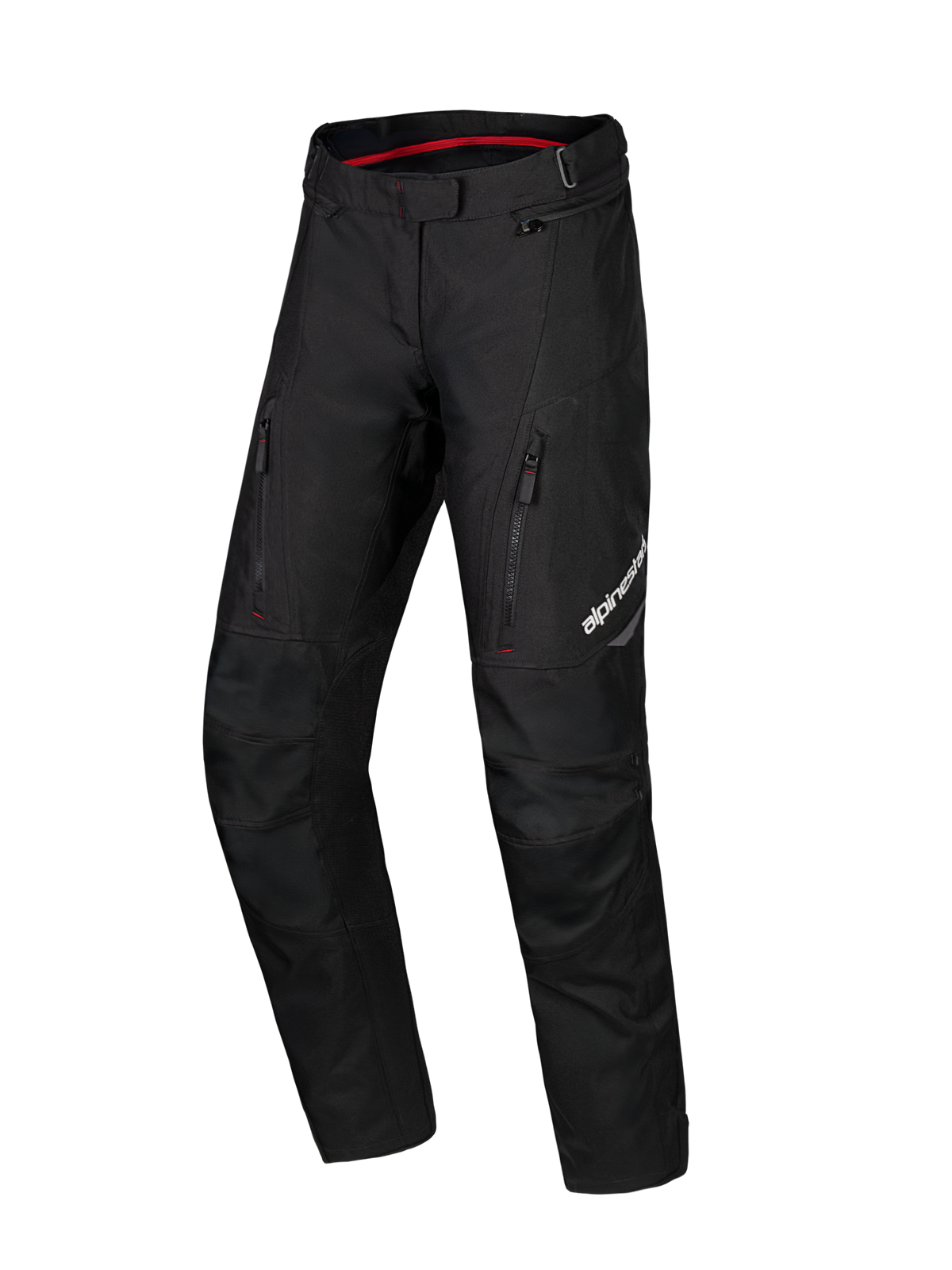 Alpinestars Honda Stella ST-1 Waterproof Pants, calças de motociclismo de turismo para mulher, pretas com forro interior da cintura em vermelho, dois bolsos verticais com fecho de correr nas coxas, logótipo Alpinestars na perna, equipamento de aventura em têxtil durável