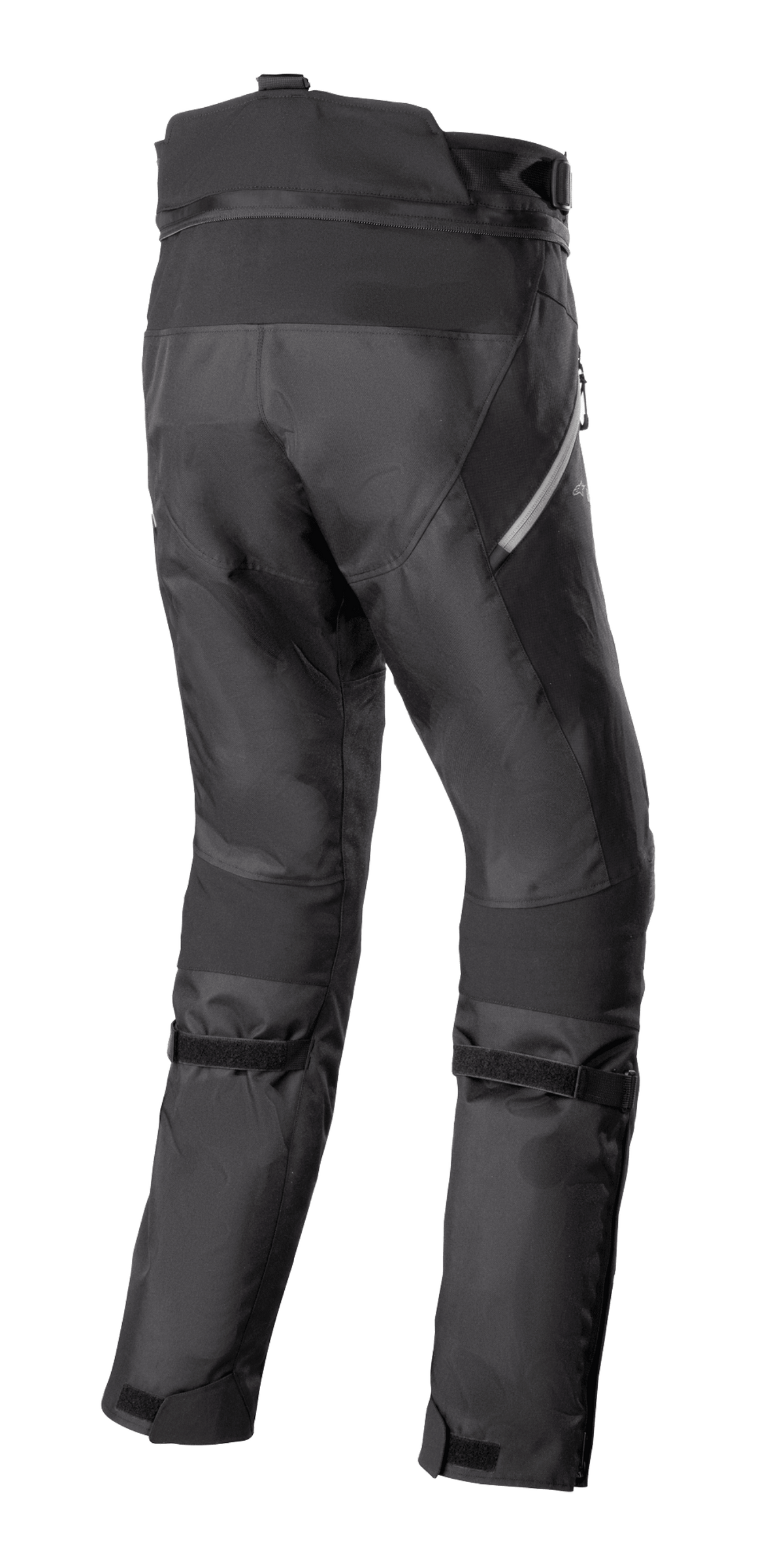 Alpinestars Stella Bogotá Pro Drystar 4 Seasons Pants, calças de motociclismo de aventura para mulher, pretas, vista traseira com construção têxtil técnica, tiras de ajuste na panturrilha e detalhes refletores laterais.