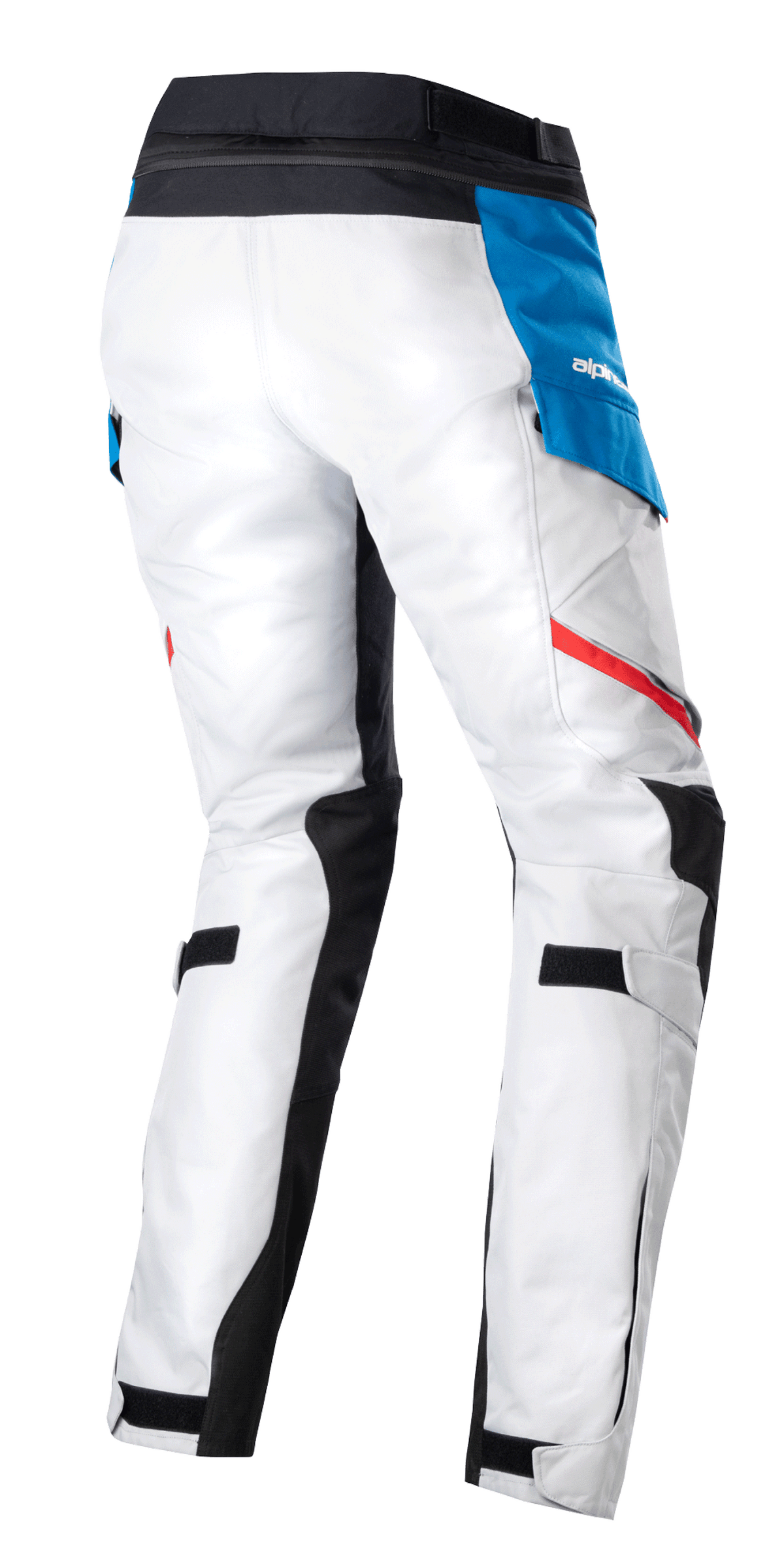 Alpinestars Stella Honda Andes V3 Drystar® Pants, calças de motociclismo femininas para turismo de aventura, cinza gelo, azul e vermelho vivo, vista traseira com construção têxtil em cinza gelo, bolso lateral azul com logótipo branco, cintura preta e riscas de destaque vermelhas