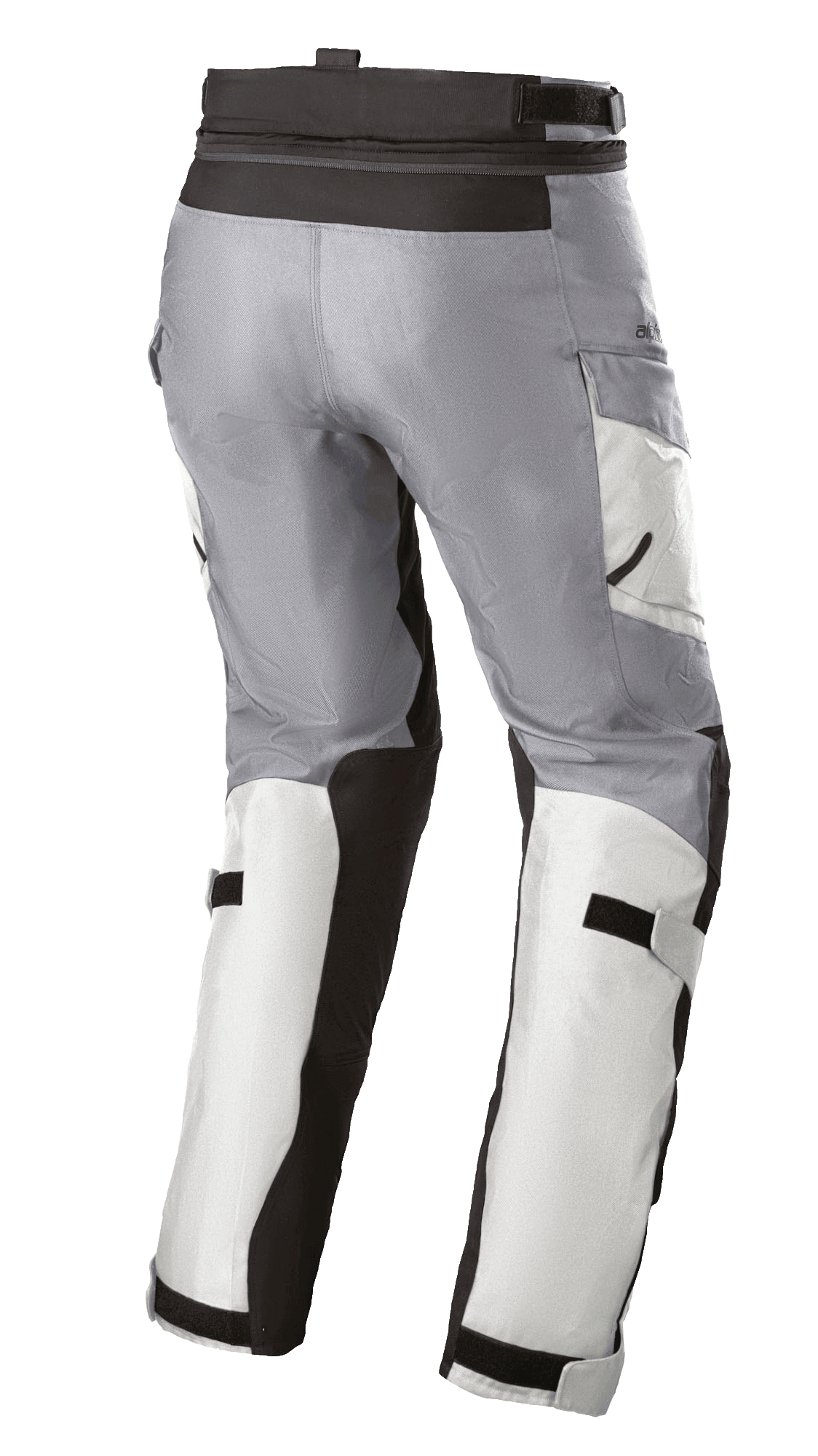 Alpinestars Stella Andes V3 Drystar® Pants para mulher, calças de turismo para motociclismo, cinzento gelo e cinzento escuro, vista traseira de três quartos apresentando tiras de ajuste na cintura e nos gémeos, bolsos cargo e painéis reforçados.
