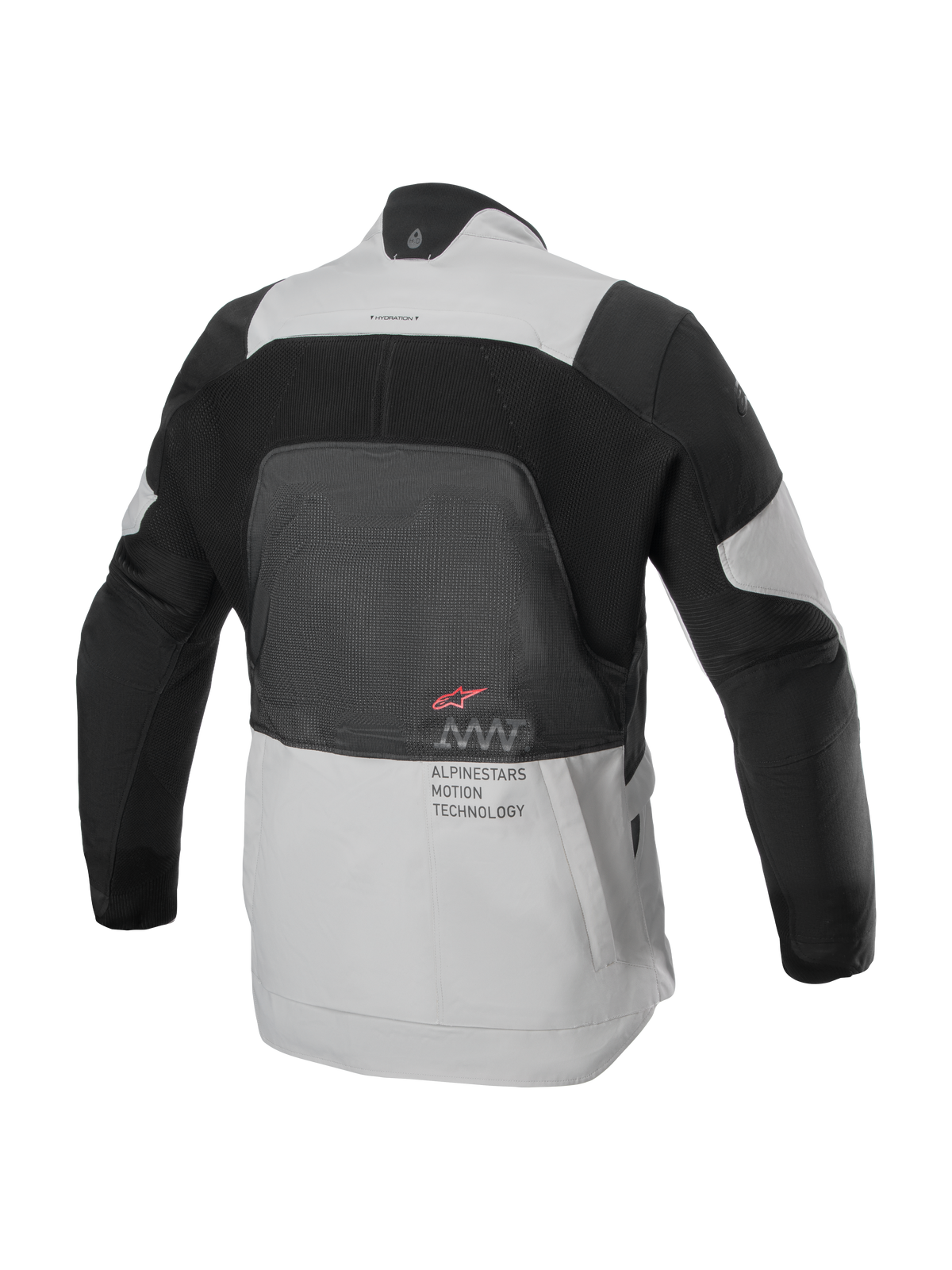 Casaco Alpinestars AMT-7 Air, vista traseira, bege e cinzento escuro, casaco técnico de motociclismo com grande painel de malha MATRYX® nas costas, texto 'Alpinestars Motion Technology' e logótipo vermelho, concebido para touring de aventura no verão