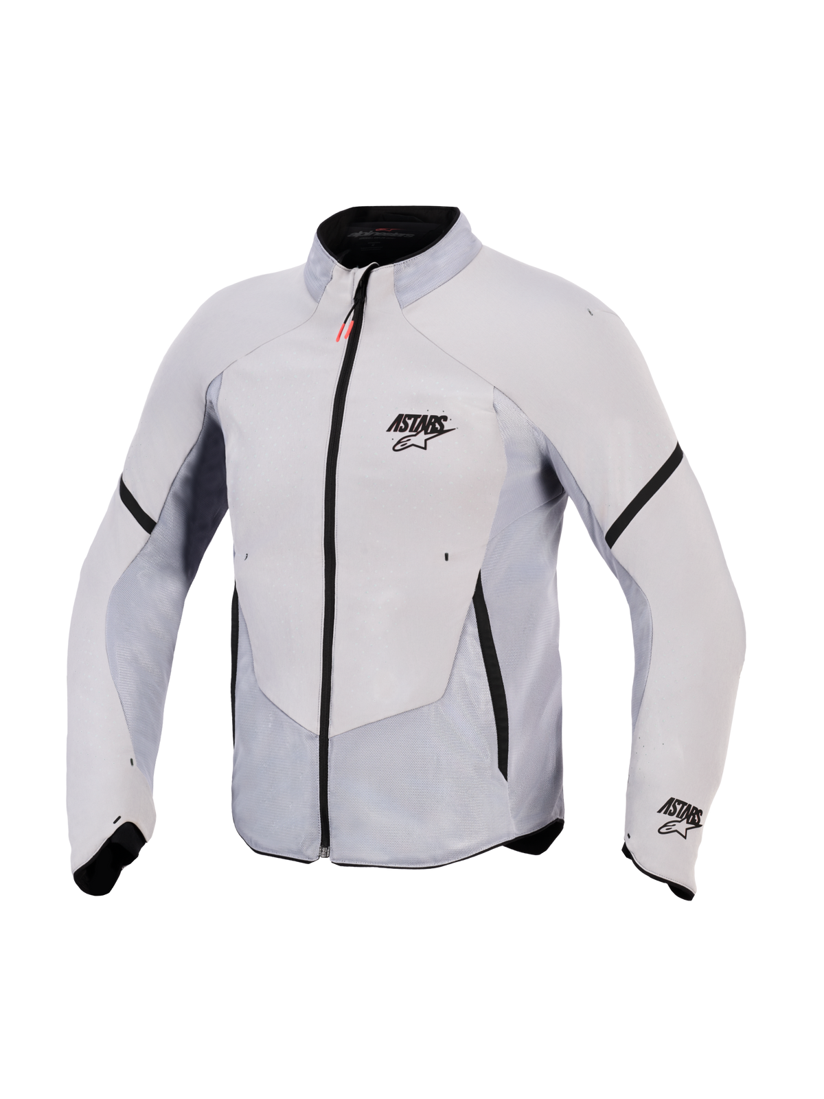 Alpinestars Aeroshell Airflow Jacket, casaco de motociclismo, cinzento médio antracite, inclui softshell elástico leve com painéis de malha extensos perfurados a laser, fecho de correr frontal preto com puxador vermelho, logótipo ASTARS no peito e na manga, design de corte desportivo para máxima respirabilidade.