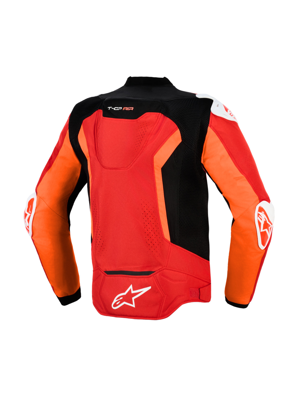 Casaco Alpinestars T-GP Air, vista traseira, em vermelho brilhante, vermelho fluo e preto, casaco têxtil desportivo de motociclismo com painéis de malha perfurada a laser, corcova aerodinâmica Supertech R10, sliders externos DFS nos ombros e cotovelos, e logótipo Alpinestars em branco na parte inferior das costas.