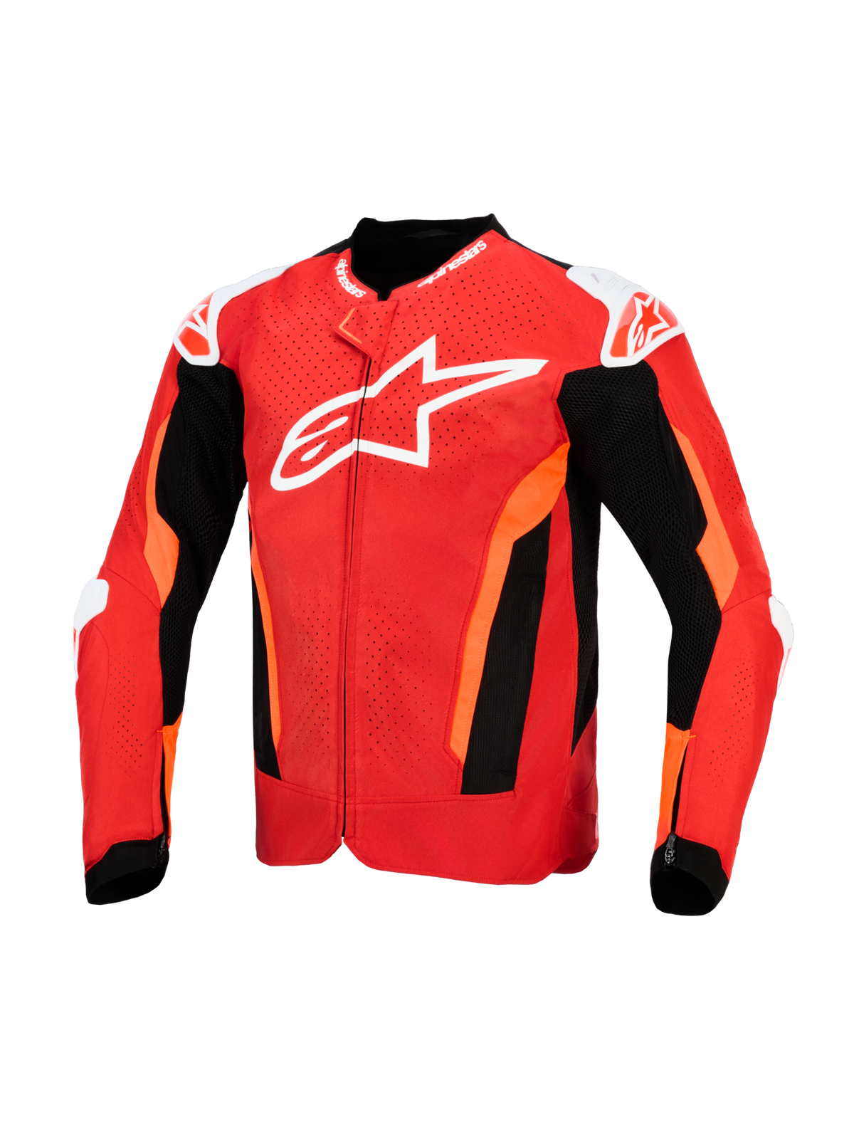 Casaco Alpinestars T-GP Air, casaco têxtil de motociclismo, vermelho vivo e preto com detalhes brancos, com um grande logótipo branco no peito, painéis frontais perfurados a laser e secções em malha preta para ventilação, design de ajuste desportivo.