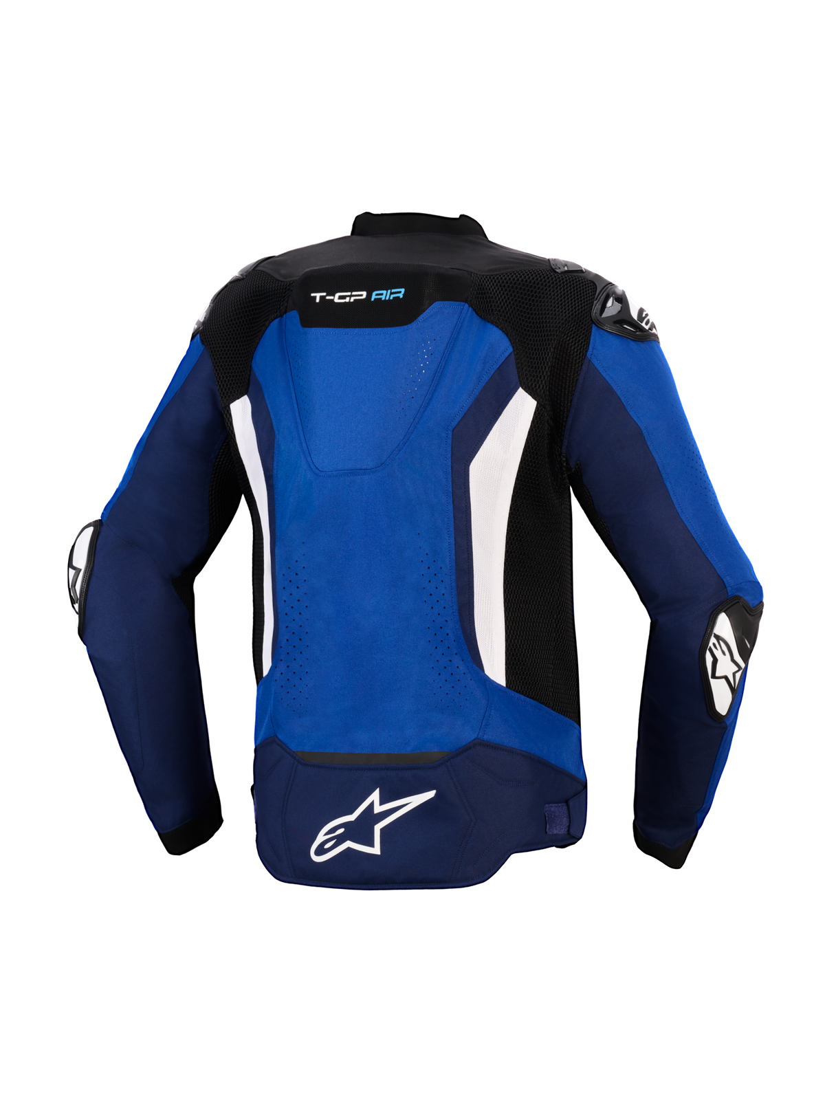 Alpinestars T-GP Air Jacket, Rear view, Bright Blue Navy and White, sport textile motorcycle jacket featuring an integrated aerodynamic hump, mesh ventilation panels, white vertical accents, and white Astars logo on the tail, designed for high-performance riding