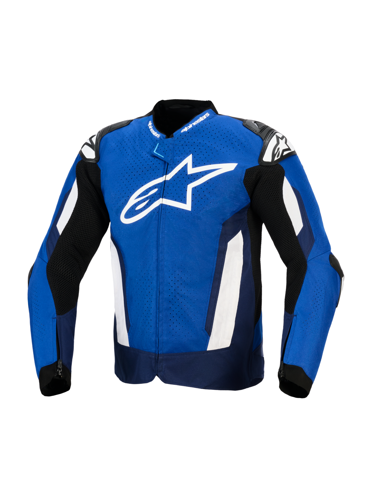 Alpinestars T-GP Air Jacket, Sport Textile Motorcycle Jacket, Bright Blue Navy and White, featuring a large white star logo on the chest, laser-perforated textile for ventilation, and external shoulder sliders, racing-inspired performance gear