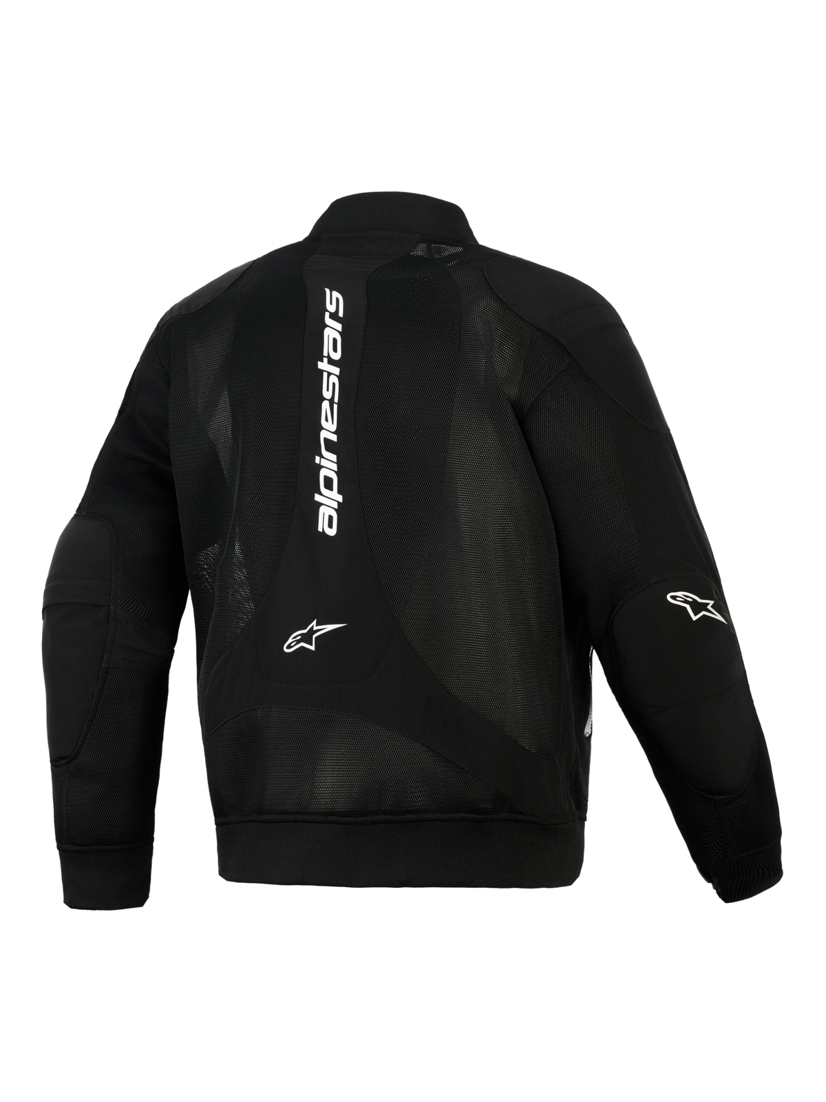 Alpinestars Flight Air Jacket, preto, vista traseira, casaco de motociclismo urbano estilo bomber com painéis de malha 3D extensos, marca vertical branca nas costas, logótipos Astar nos cotovelos e punhos e bainha em malha elástica canelada.
