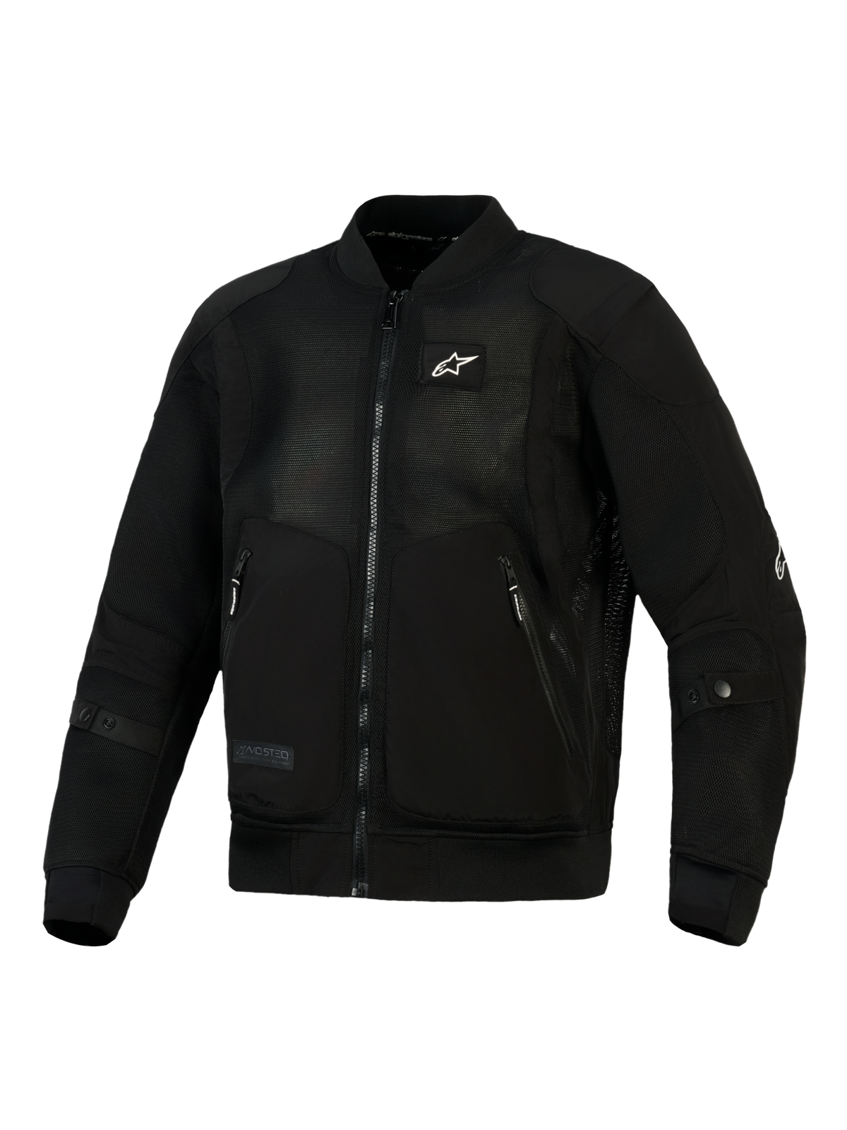 Alpinestars Flight Air Jacket em preto, casaco de motociclista urbano de estilo bomber com painéis de malha 3D de elevado fluxo de ar, reforços em polyfabric, pequeno logótipo branco no peito, e gola e punhos elásticos canelados.