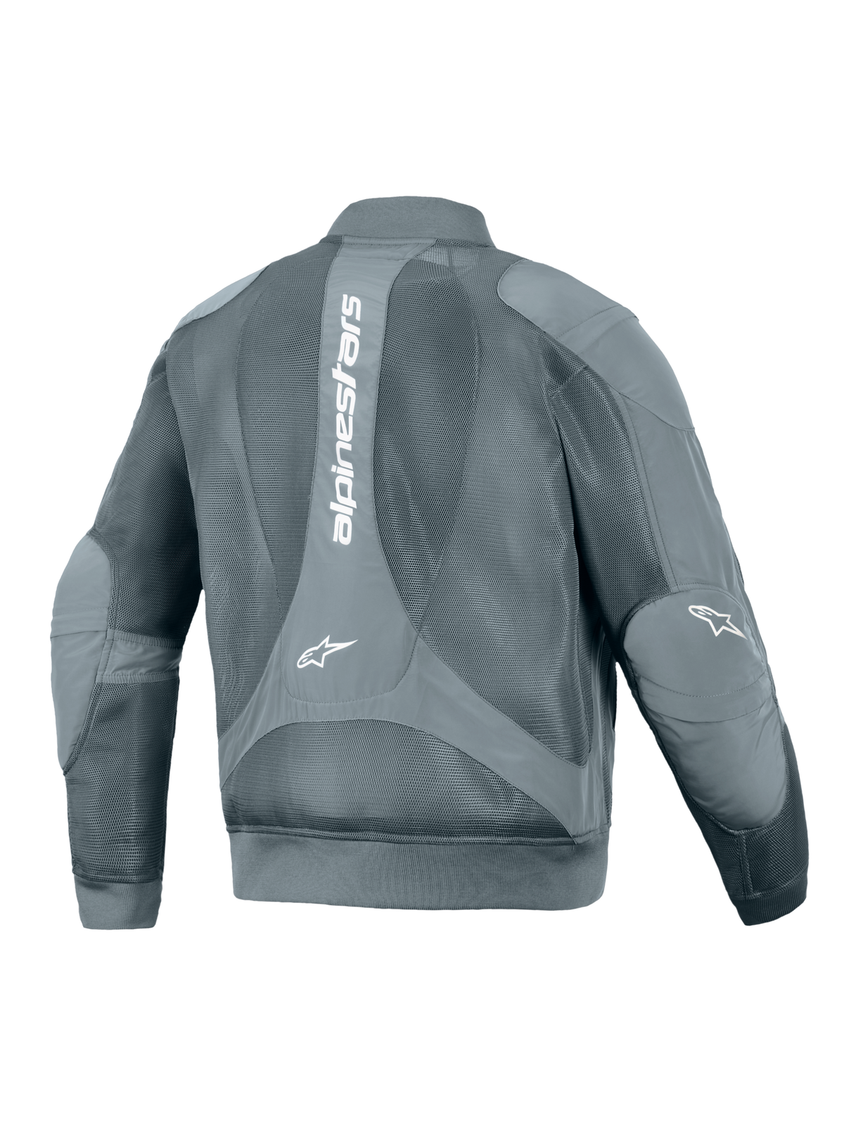Casaco Alpinestars Flight Air, casaco de motociclismo urbano, Storm Gray, vista traseira com um grande logótipo vertical Alpinestars branco, painéis extensos em malha 3D para fluxo de ar, e cintura e punhos canelados de estilo bomber