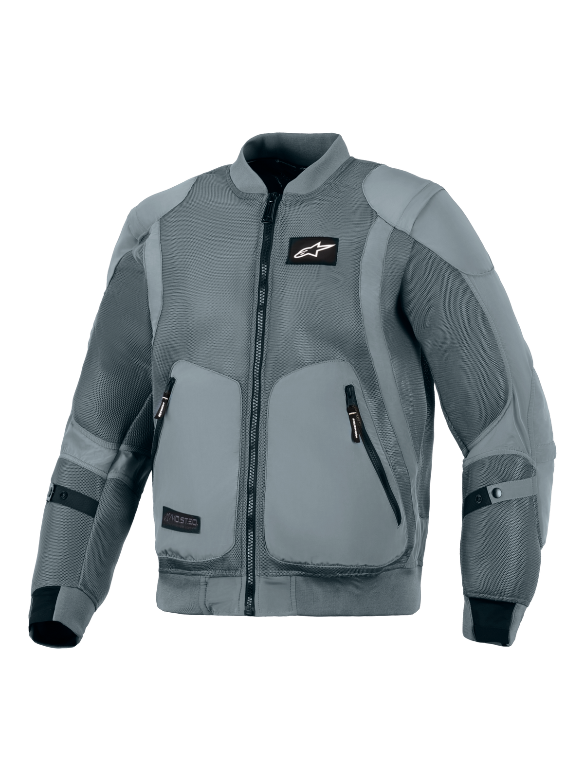 Casaco Alpinestars Flight Air, cinzento Storm Gray, casaco de motociclismo urbano, silhueta inspirada em estilo bomber com painéis de ventilação em malha 3D alargados, gola e punhos elásticos canelados, logótipo Astars preto no peito, bolsos exteriores para proteções, concebido para condução urbana em tempo quente