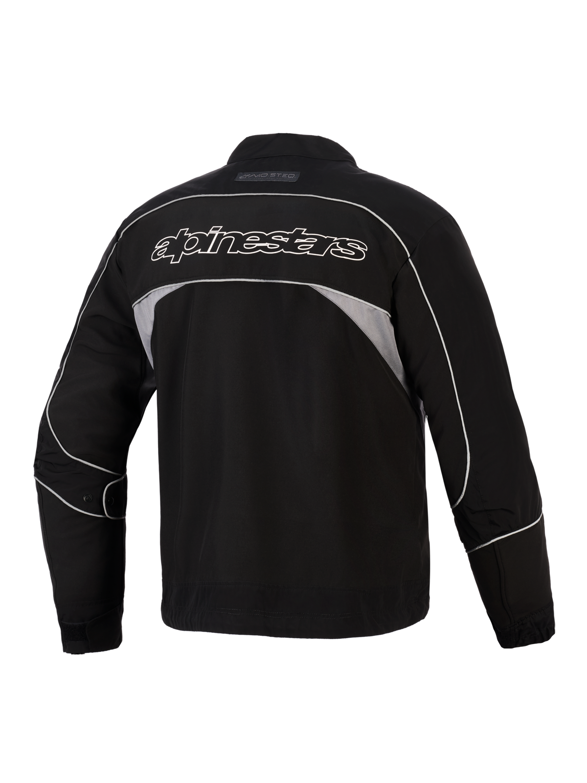 Casaco Alpinestars Unite, vista traseira, preto com painéis refletores cinzento-escuros, marca Alpinestars com contorno branco nas costas, casaco de motociclismo urbano softshell com design minimalista