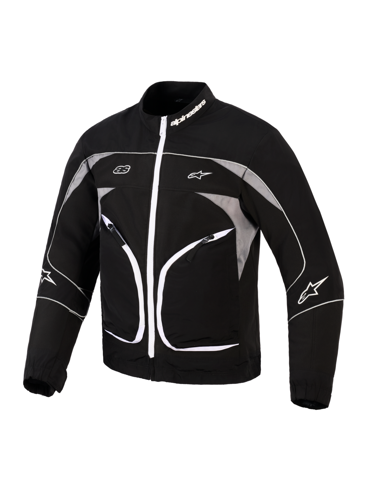 Casaco Alpinestars Unite, casaco de motociclismo, preto e cinzento escuro, com fecho de correr frontal branco, painéis refletores cinzentos e detalhes de debrum branco, marca Alpinestars na gola e nas mangas, design urbano minimalista