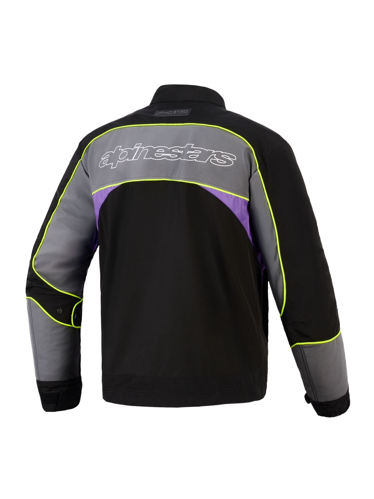Casaco Alpinestars Unite em Black Asphalt Violet, vista traseira, casaco de motociclismo urbano com um painel cinzento grande nos ombros, logótipo Alpinestars com contorno branco, detalhes laterais roxos e vivos em amarelo néon de alta visibilidade ao longo das costuras.