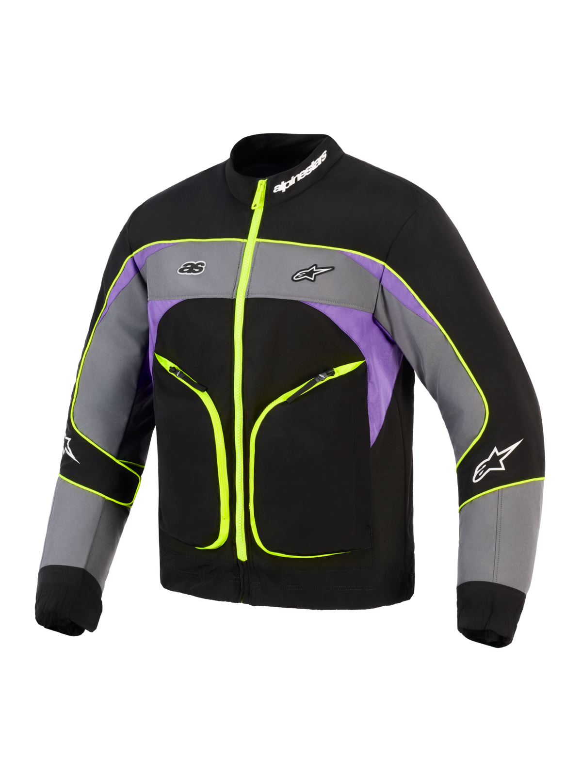 Casaco Alpinestars Unite, casaco urbano para motociclista, preto, asfalto e violeta com detalhes em amarelo néon, construção softshell de 3 camadas, fechos e vivos em amarelo fluorescente, blocos de cor cinzento e roxo, e logótipo Alpinestars no peito e na gola.