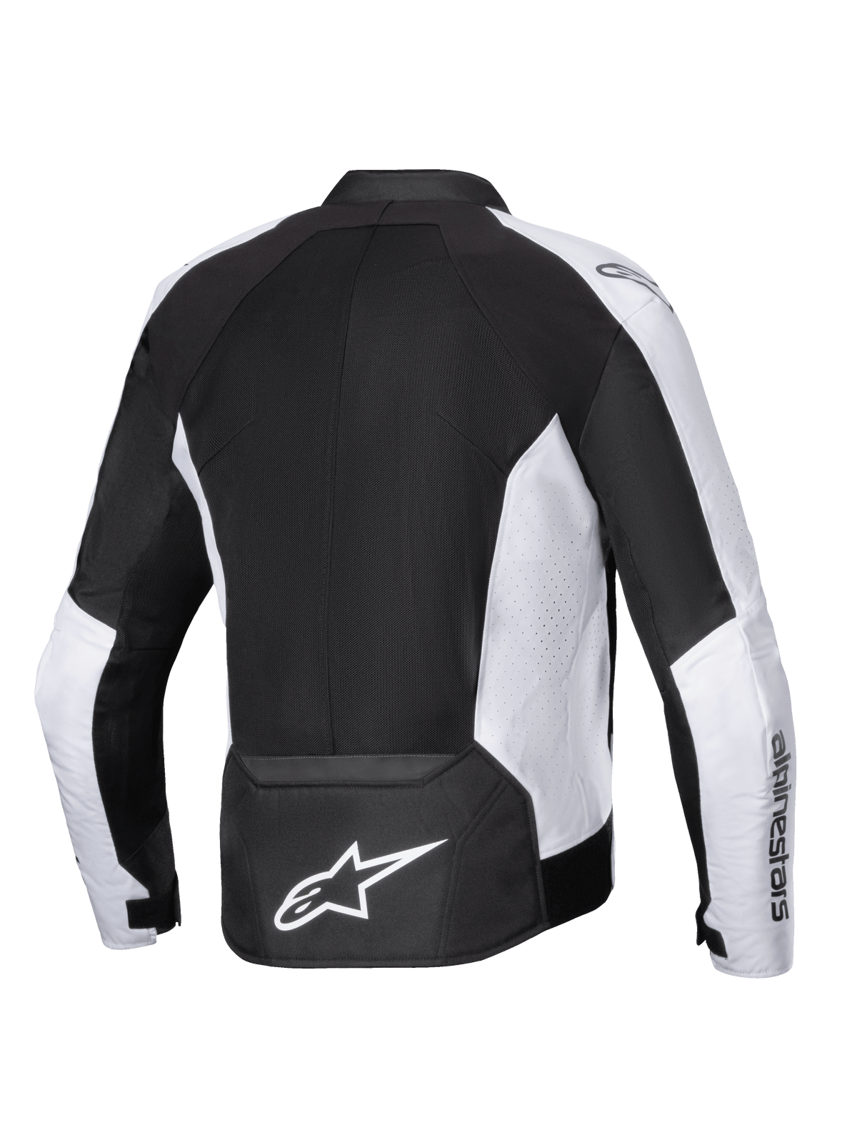 Alpinestars Viper Air V4 Jacket, casaco de motociclismo, preto e branco, vista traseira com grandes painéis de malha tecnológica para fluxo de ar, painéis laterais brancos perfurados, logótipo Astar branco em destaque na parte inferior das costas e construção têxtil para condução em climas quentes.
