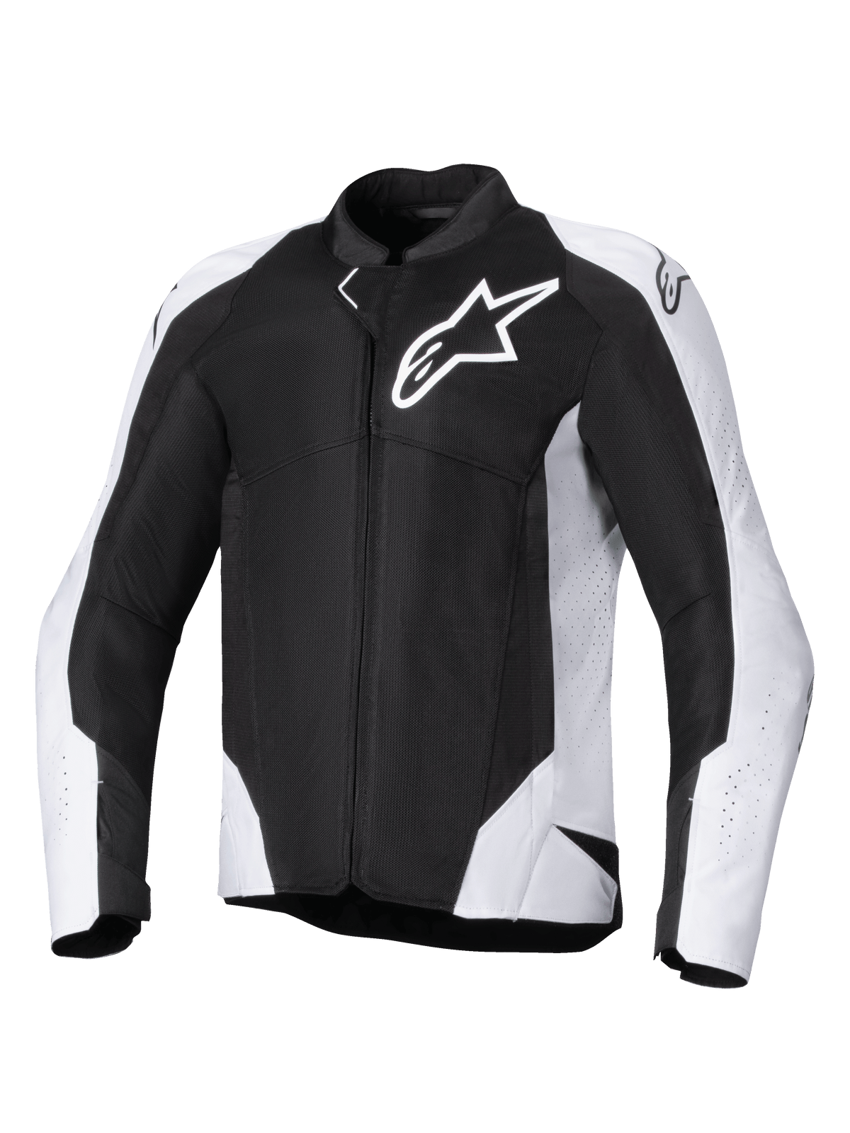 Casaco Alpinestars Viper Air V4, casaco têxtil de motociclismo, preto e branco, com grande logótipo Astar branco no peito, painéis de malha perfurada para ventilação, ajuste desportivo ergonómico para condução em estrada