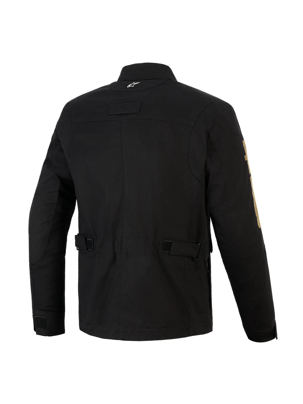 Alpinestars Dice Jacket, casaco de motociclista urbano preto, vista traseira mostrando as correias de ajuste na cintura e ombros pregueados, estética vintage de casaco de campo com construção têxtil moderna, com um pequeno logótipo branco no colarinho e marca dourada na manga.