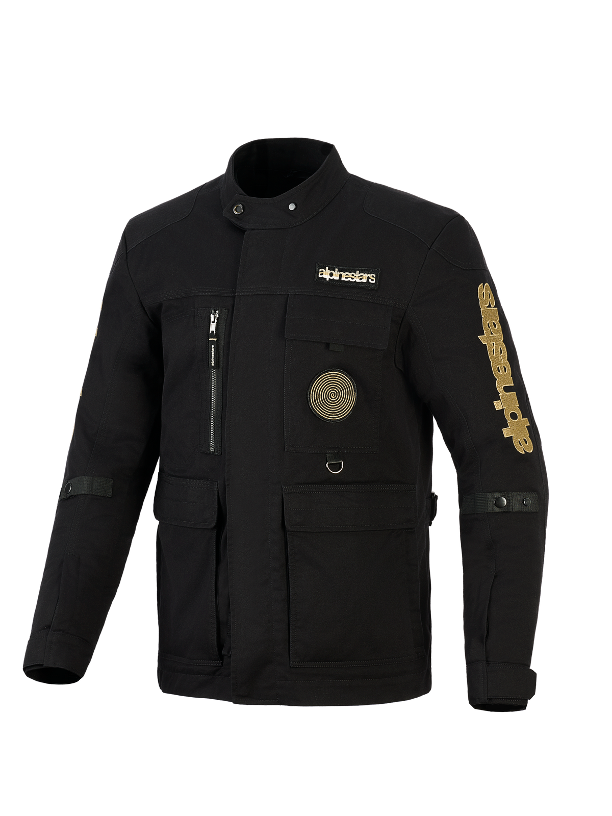 Casaco Alpinestars Dice, casaco de campo urbano para motociclismo, preto com logótipos em dourado, com vários bolsos utilitários, um emblema em espiral no peito e estilo de inspiração vintage em tecido repelente à água.