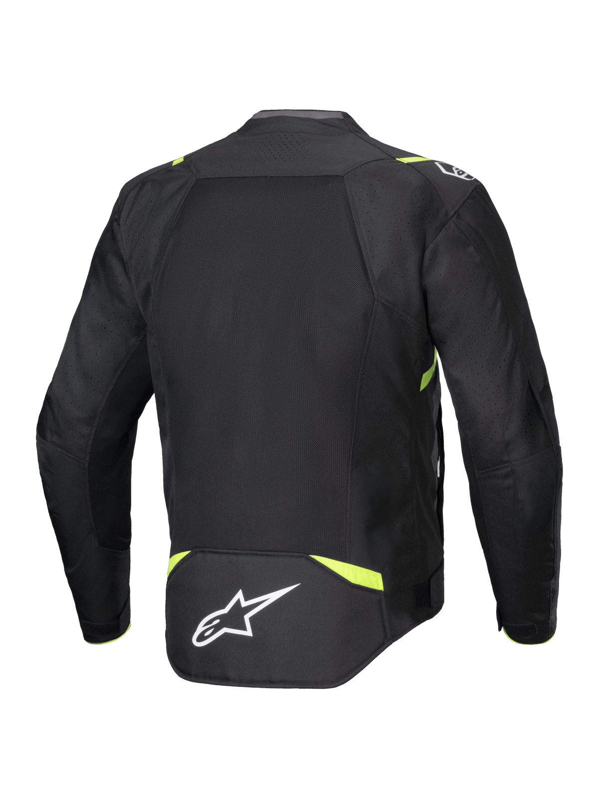Casaco Alpinestars T-SPS Air V2, casaco de motociclismo têxtil, preto e amarelo néon, vista traseira com grandes painéis de malha para fluxo de ar, detalhes em amarelo fluorescente nos ombros e na cintura, logótipo Alpinestars branco na parte inferior das costas