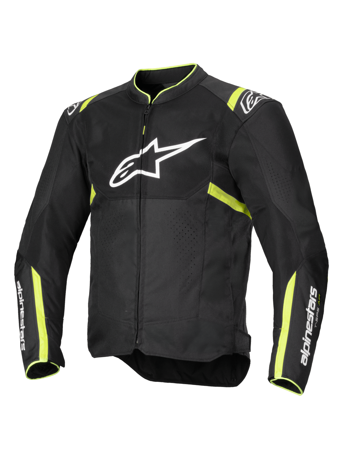 Casaco Alpinestars T-Sps Air V2, casaco de motociclismo, preto e amarelo fluo, com grande logótipo branco no peito, painéis de malha para ventilação, detalhes em amarelo fluorescente nos ombros e mangas, design têxtil desportivo