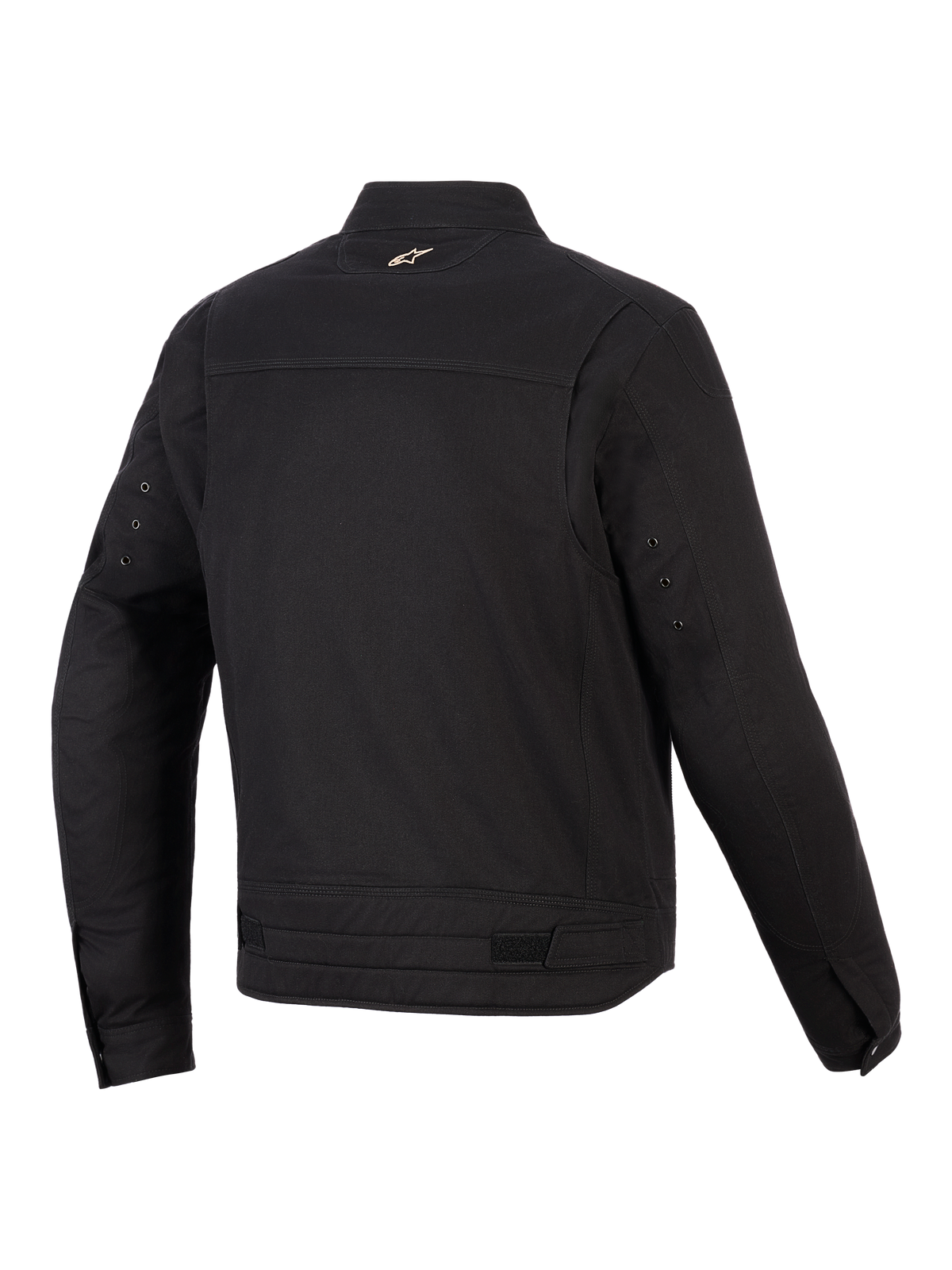 Alpinestars Bruiser Jacket, Urban Motorcycle Jacket, Black, back view showing articulated shoulder panels, waist adjusters, and small embroidered logo on the collar, rugged workwear-inspired textile design