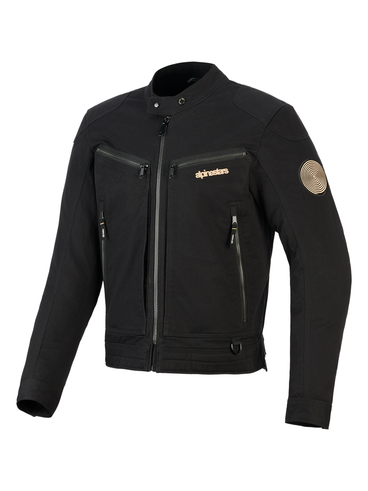 Alpinestars Bruiser Jacket, Black Urban Motorcycle Jacket, features zippered chest and hand pockets, gold-toned branding and Oscar spiral shoulder patch, workwear-inspired textile design.