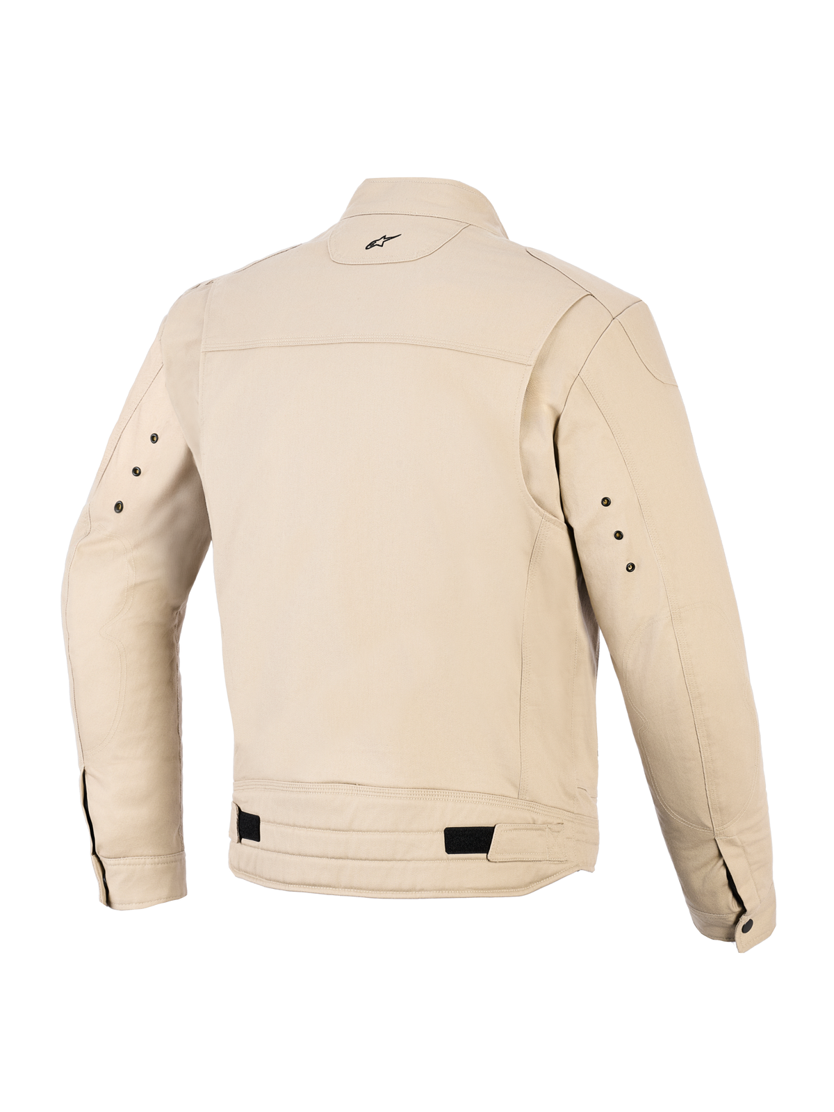 Alpinestars Bruiser Jacket, casaco de motociclismo urbano, cor bege alumínio, vista traseira com painéis pregueados nos ombros, correias de ajuste na cintura com patilhas pretas, pequeno logótipo bordado na parte de trás da gola e ilhós metálicos na parte de trás das mangas