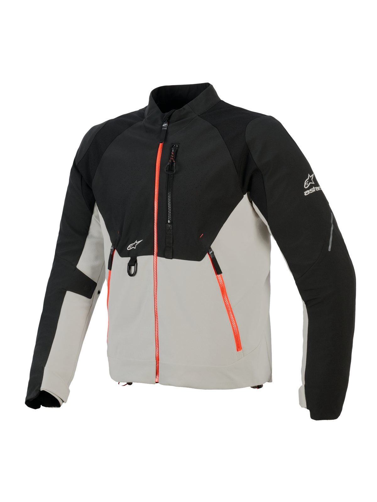 Alpinestars Provoke Jacket, casaco de motociclismo urbano, preto e cinzento metalizado com pormenores de fechos em vermelho fluorescente, apresentando painéis no peito perfurados a laser, reforços em softshell ripstop e argola em D frontal, design urbano para condução em tempo quente