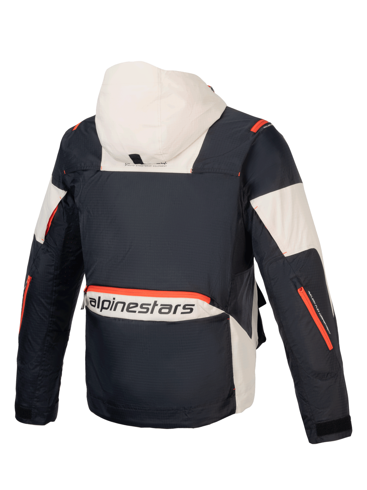 Alpinestars Jaqueta Mogress Air, casaco de moto urbano para homem, preto e amêndoa com detalhes em laranja, em tecido ripstop, vista traseira com capuz.