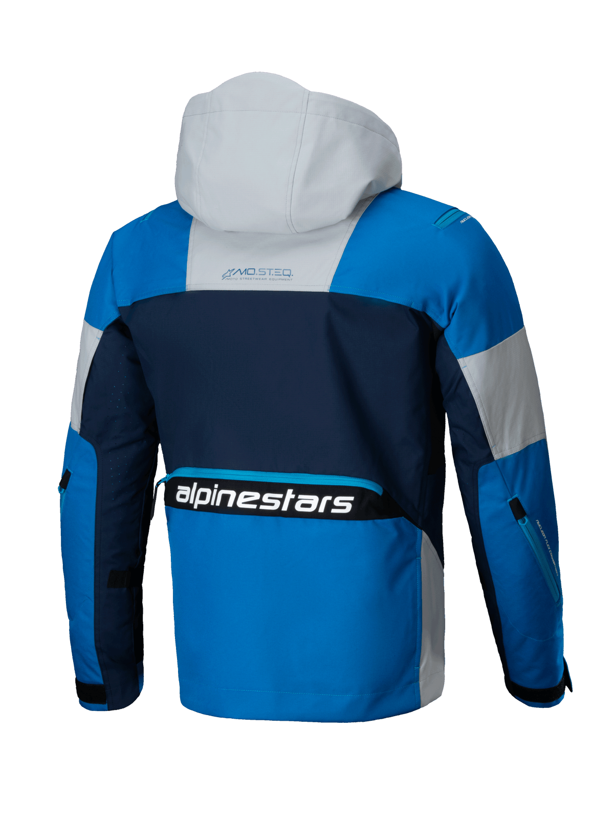 Alpinestars Jaqueta Mogress Air, casaco de moto urbano para homem, azul, azul-marinho e bege, vista traseira com capuz, têxtil ripstop ventilado, certificado CE.