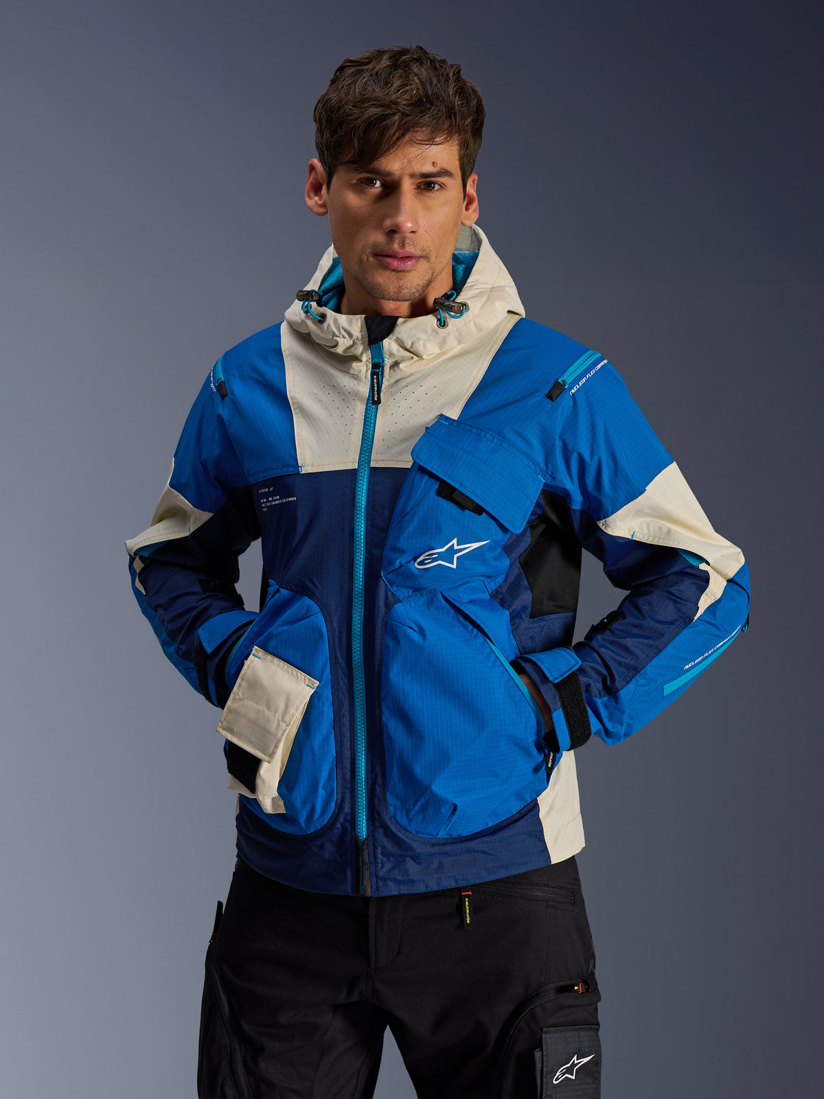 Alpinestars Mogress Air, casaco de moto urbano para homem, azul e azul-marinho, tecido ripstop técnico, estilo streetwear.