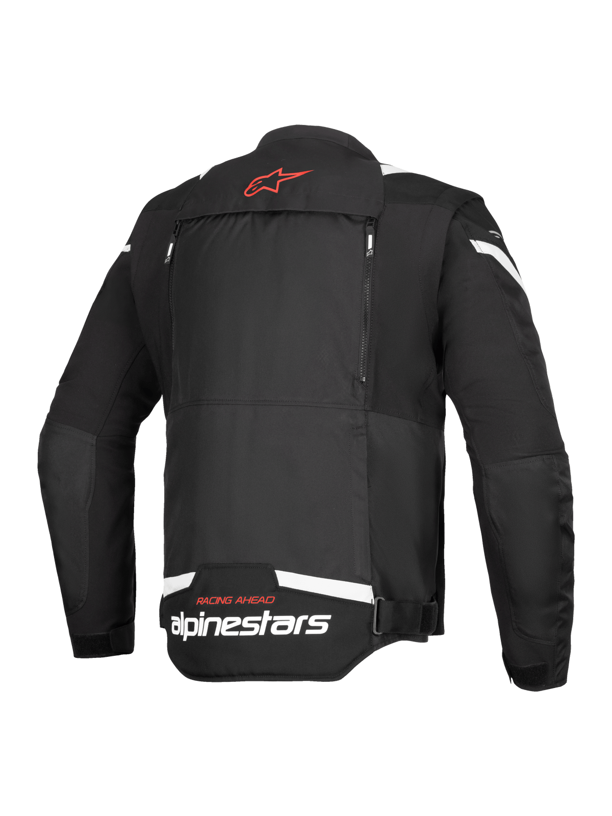 Casaco Alpinestars T-Stunt Air, vista traseira, preto e branco, com um logótipo de estrela vermelha no pescoço, marca branca na parte inferior das costas e fechos verticais para o sistema modular de fluxo de ar.