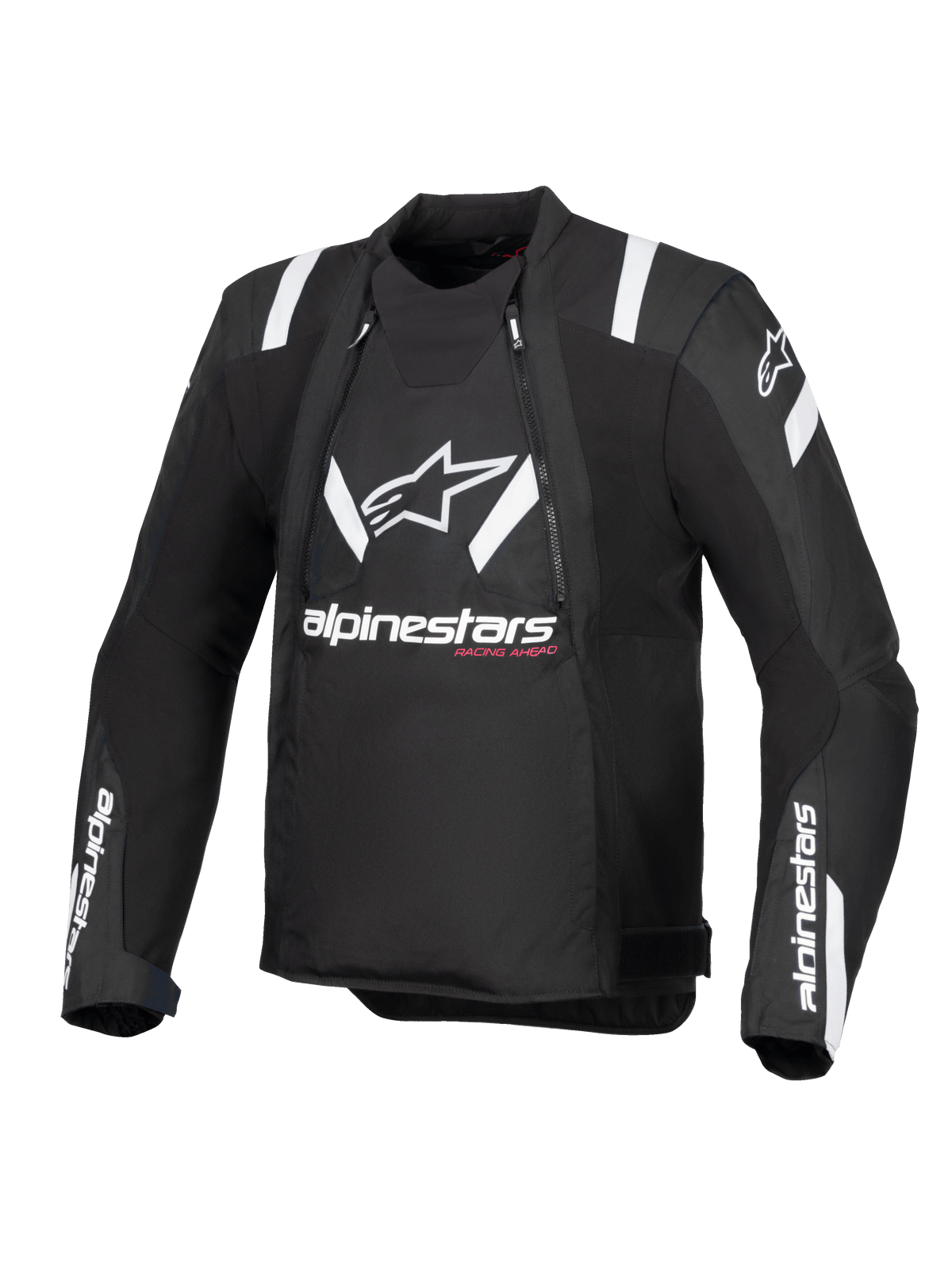 Casaco Alpinestars T-Stunt Air, Preto e Branco, vista frontal de casaco de motociclismo com corte desportivo, com grande logótipo e texto Alpinestars em branco no peito, detalhes brancos nos ombros e painéis de malha para ventilação modular