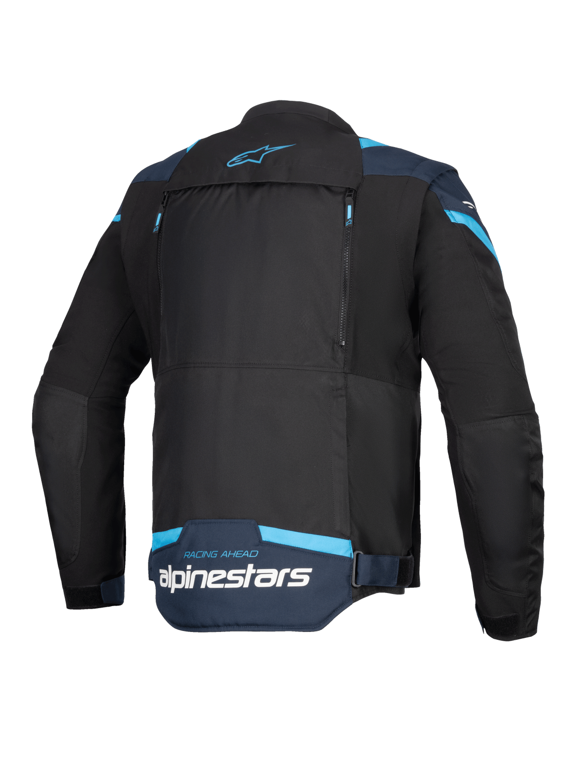 Alpinestars T-Stunt Air Jacket, casaco de motociclismo, preto, azul escuro e azul brilhante, vista traseira mostrando um grande painel traseiro modular com fechos de correr, logótipo Alpinestars e texto 'Racing Ahead' na zona inferior das costas.