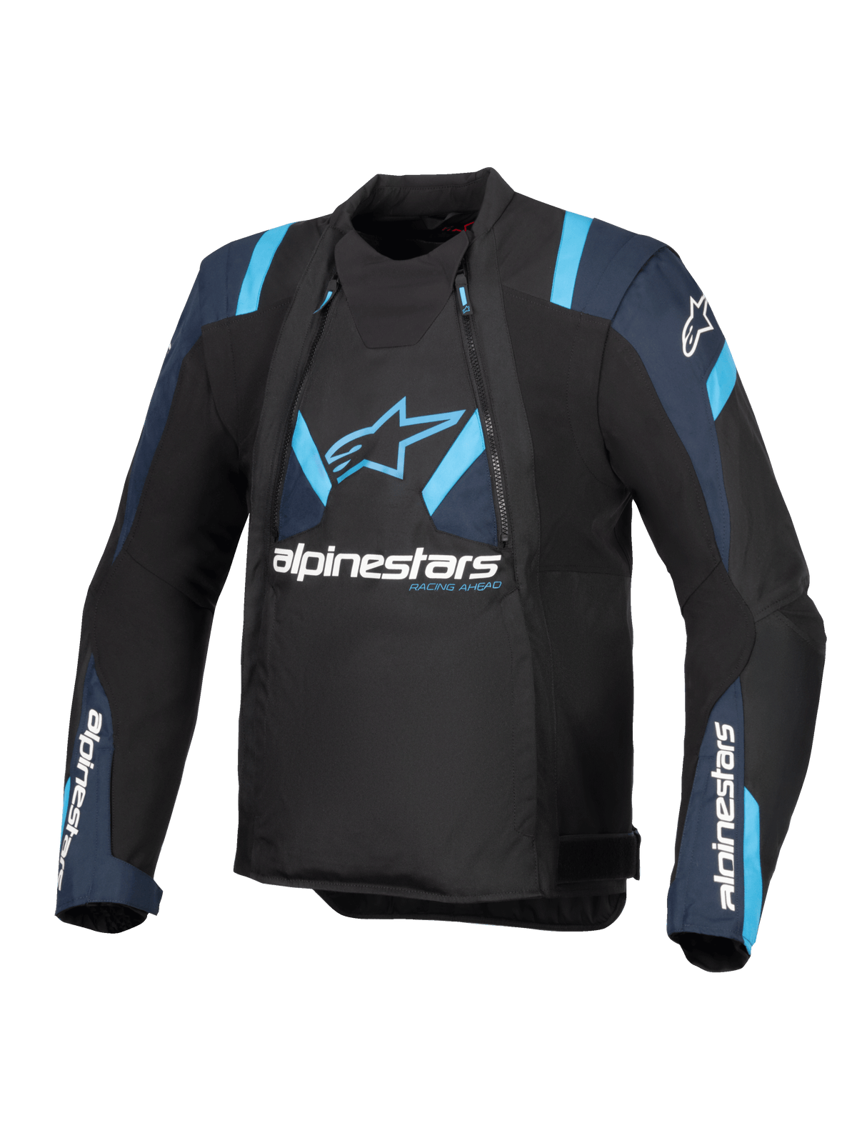 Casaco Alpinestars T-Stunt Air, preto com detalhes em azul escuro e azul brilhante, casaco de motociclismo têxtil com painéis de malha modulares, logótipo Alpinestars no peito e nas mangas, design de corte desportivo elegante