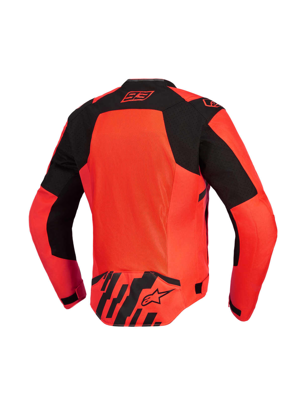 Casaco Alpinestars MM93 T-SPS Air V2, vista traseira, Vermelho Fluo e Preto, casaco de motociclismo com um grande painel de ventilação em malha, logótipo de assinatura Marc Marquez 93 no colarinho e logótipo Alpinestars na zona lombar
