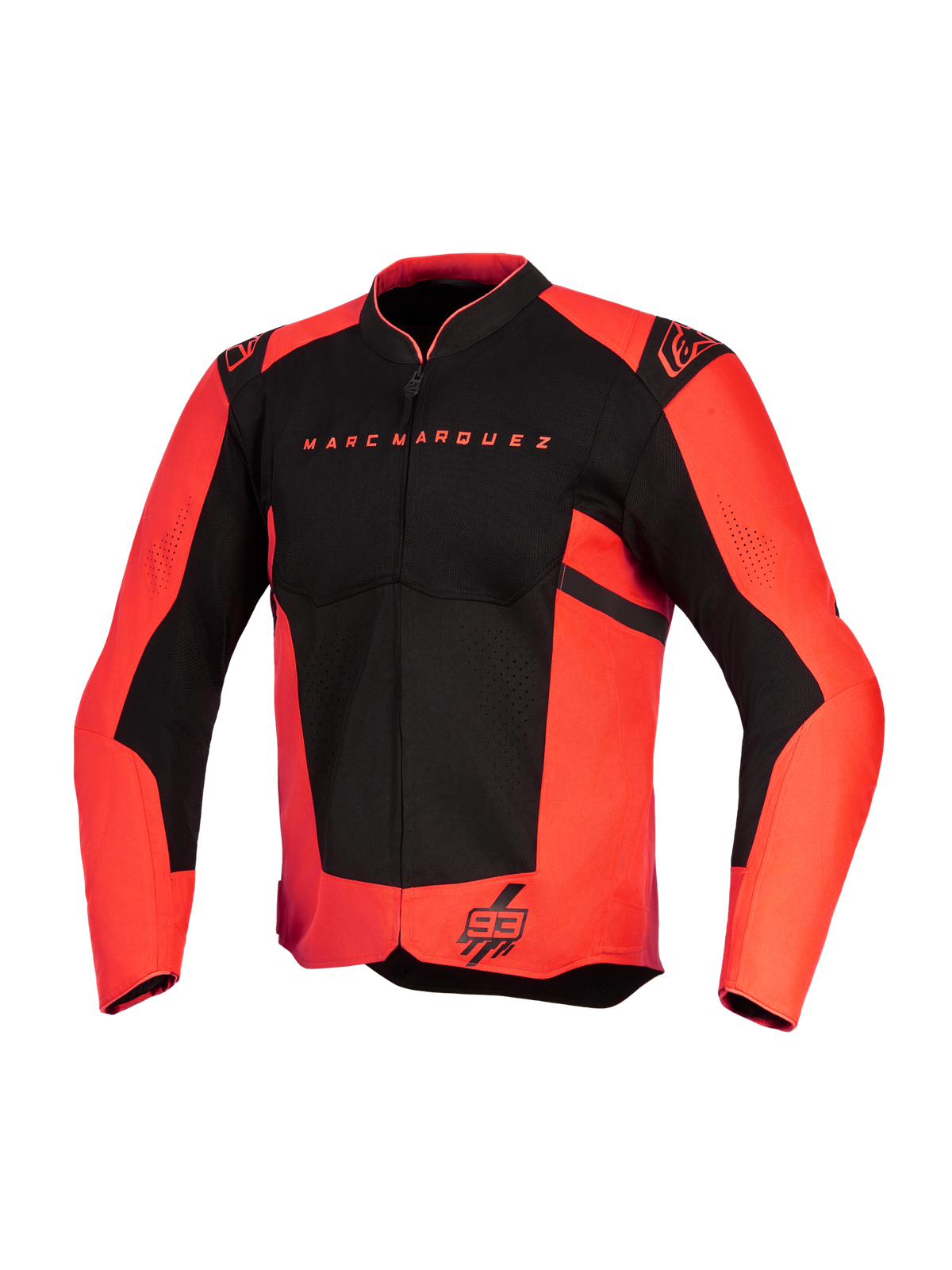 Alpinestars MM93 T-SPS Air V2 Jacket, casaco de motociclismo, vermelho fluo e preto, com o texto Marc Marquez no peito e logótipo 93 na bainha, logótipos Alpinestars nos ombros, painéis de malha para fluxo de ar, design de corte desportivo em têxtil
