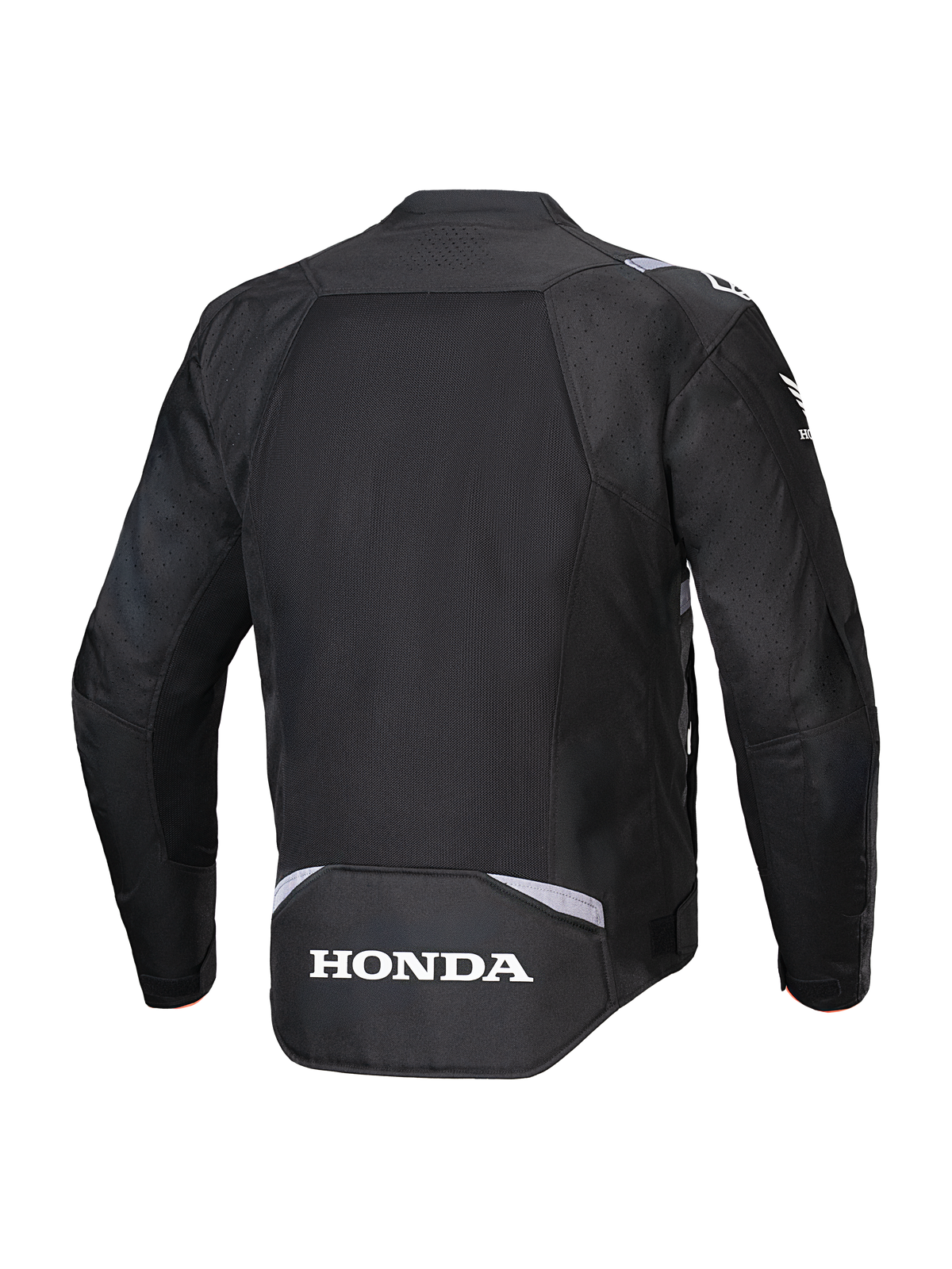 Casaco Alpinestars Honda T-SPS Air V2, preto, vista traseira com um grande painel de malha nas costas para fluxo de ar, logótipo Honda branco na parte inferior das costas e marca Alpinestars nos ombros, casaco de motociclismo têxtil para condução no verão.
