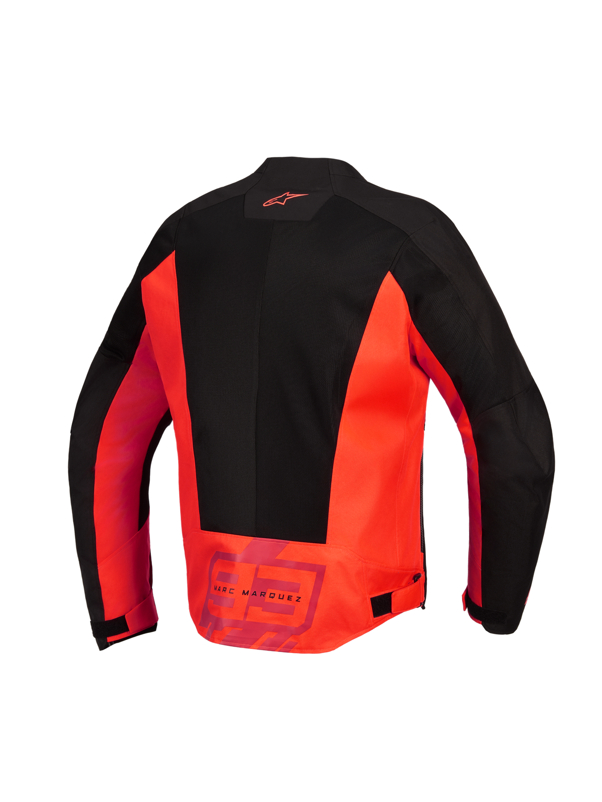 Alpinestars MM93 C-1 Air Jacket, Back View, Red Fluo and Black, textile motorcycle jacket featuring large tech mesh panels, Alpinestars logo on upper back, and 'MM93 Marc Marquez' branding on the lower back, adjustable waist tabs