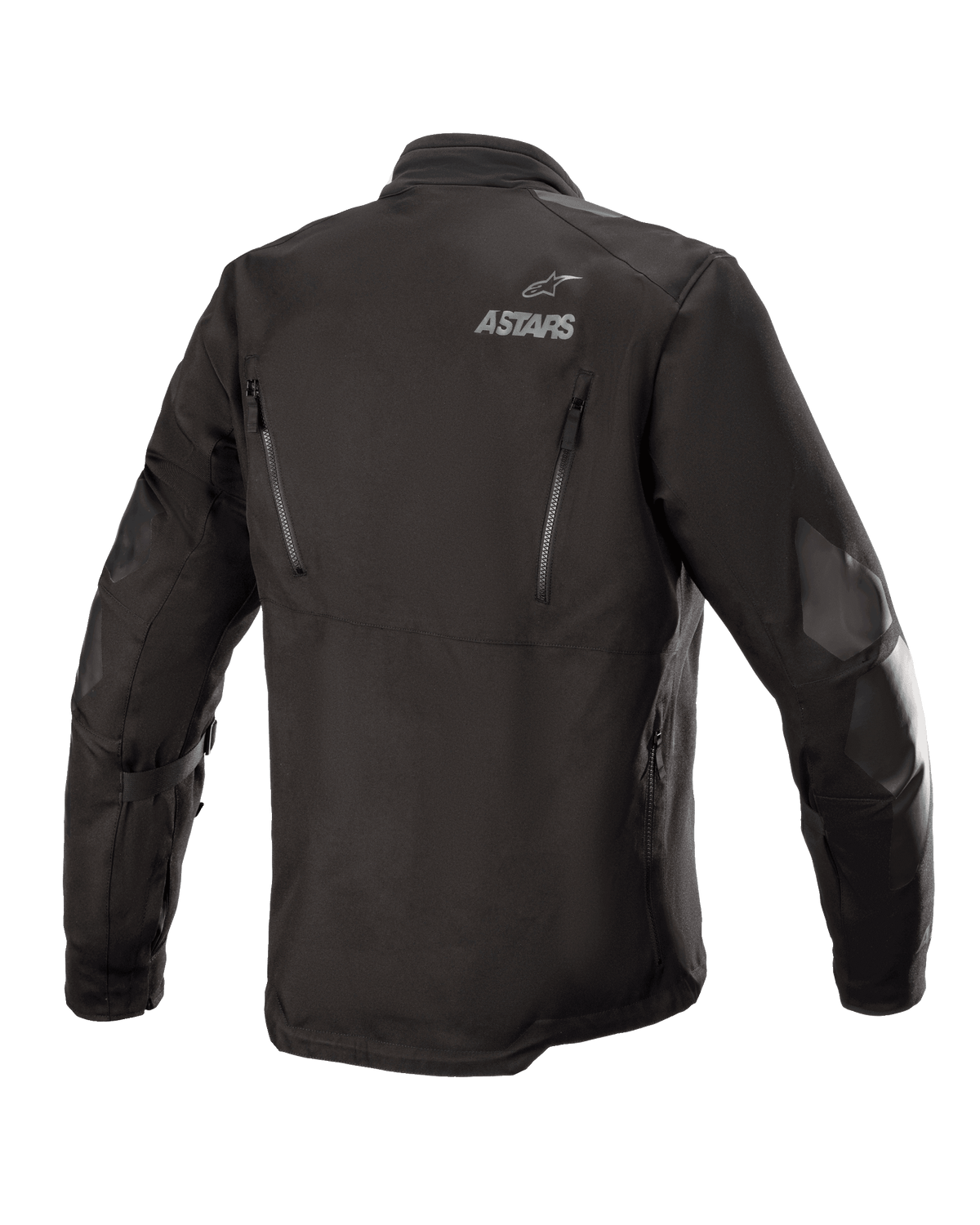 Casaco Alpinestars Venture XT, Preto, vista traseira de um casaco de motociclismo têxtil de aventura e touring, com logótipo ASTARS no ombro, fechos de ventilação verticais nas costas e reforços de película de PU nos braços