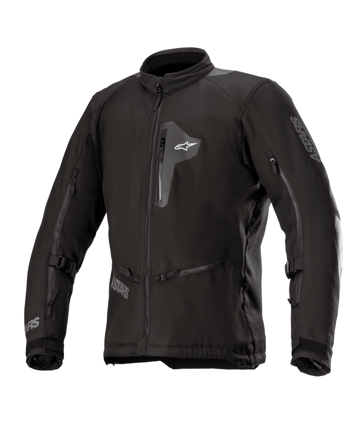 Alpinestars Venture XT Jacket, casaco de motociclista em tecido preto, vista frontal mostrando bolso no peito com fecho e grandes aberturas de ventilação nas mangas, correias ajustáveis nos braços, gola alta, construção resistente à água para turismo de aventura.
