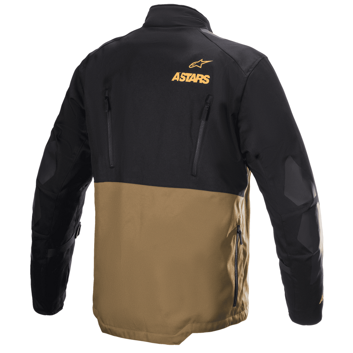 Casaco Alpinestars Venture XT, casaco de motociclismo de touring e aventura, camel e preto, vista traseira com logótipo Astars laranja, fechos de ventilação verticais e painéis reforçados nos cotovelos