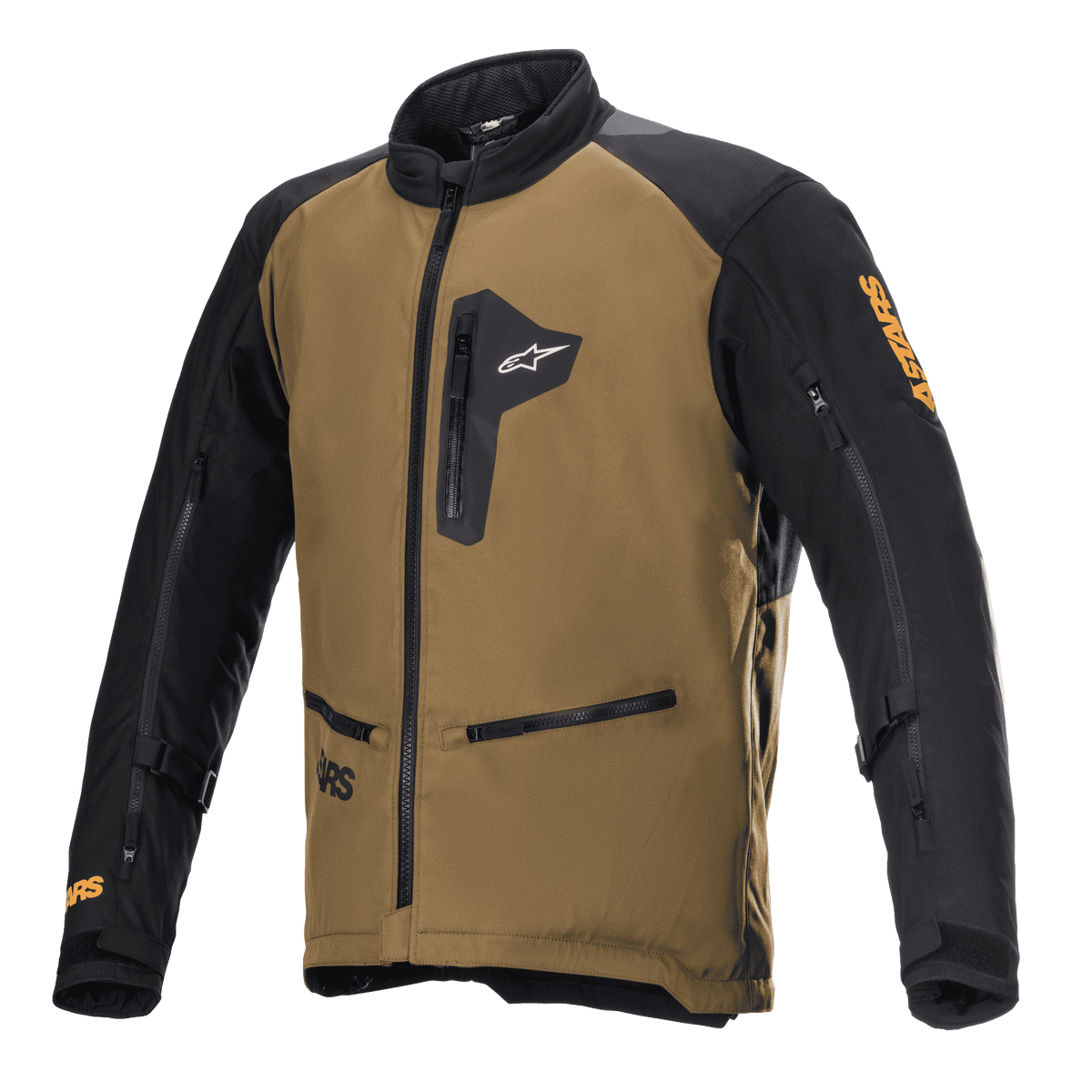 Alpinestars Venture XT Jacket, casaco de motociclismo para turismo de aventura, camel e preto, com bolsos com fecho no peito e para as mãos, fechos de ventilação nas mangas, correias de ajuste nos braços e logótipo Astars em laranja