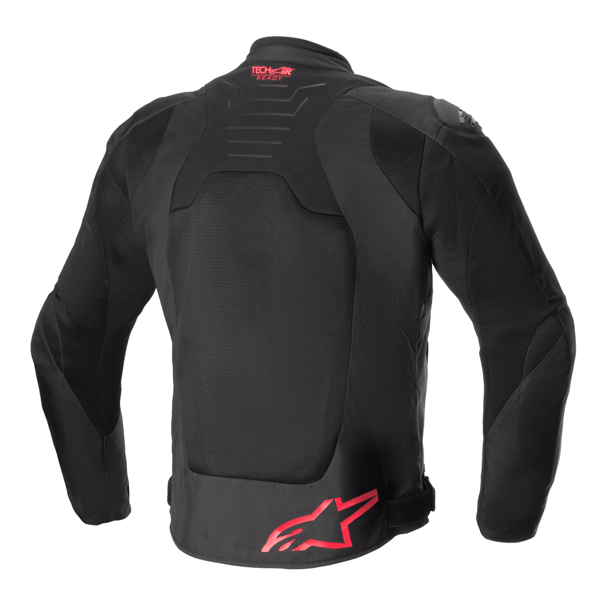 Alpinestars SMX Air Jacket, Rear View, Black with Bright Red accents, ventilated mesh back panel, Tech-Air Ready branding on upper back, red Alpinestars logo on lower back, sport motorcycle jacket.