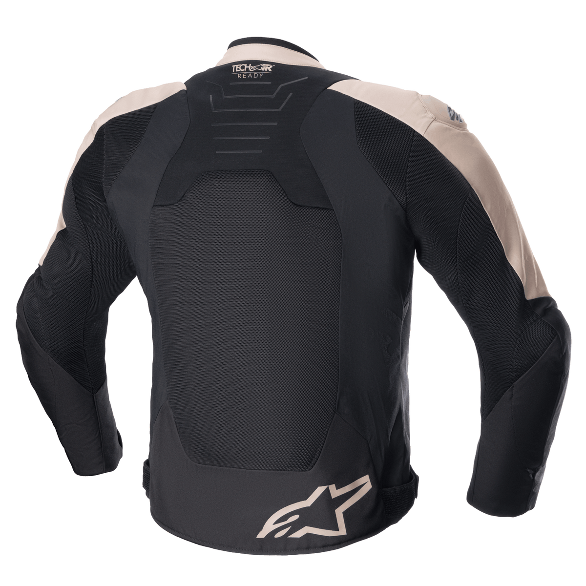 Casaco Alpinestars SMX Air, casaco de motociclismo desportivo, castanho claro e preto, vista traseira com painéis de malha técnica ventilada, logótipo Tech-Air Ready na parte superior das costas e logótipo Alpinestars na bainha inferior.