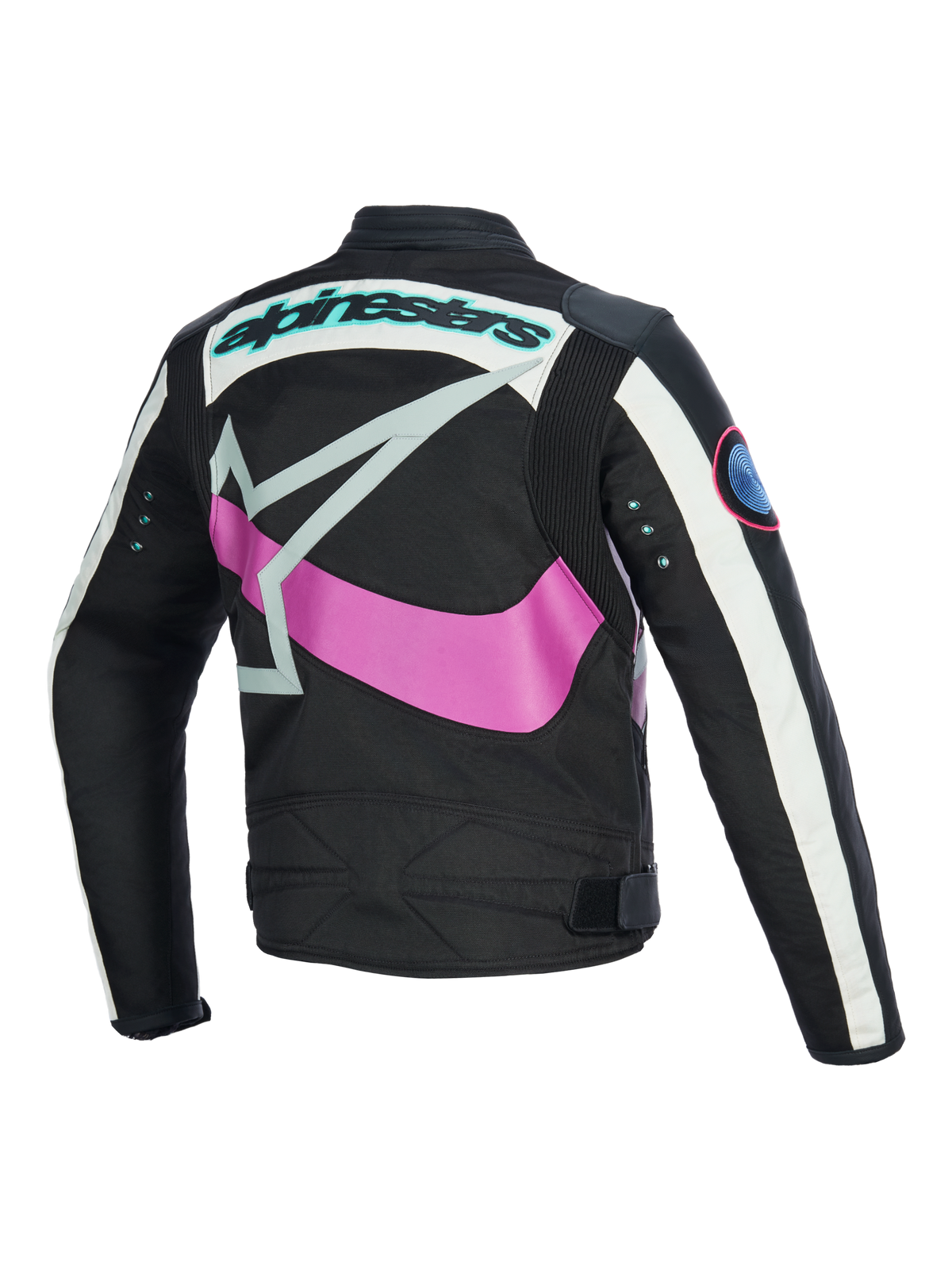 Vista traseira do casaco feminino Alpinestars Idles, preto com Off White e roxo, apresentando um grande logótipo de estrela envolvente em cor-de-rosa, marca nominativa em azul-turquesa e ilhós de metal nas mangas, design de inspiração vintage com painéis de acordeão para condução urbana de motociclo