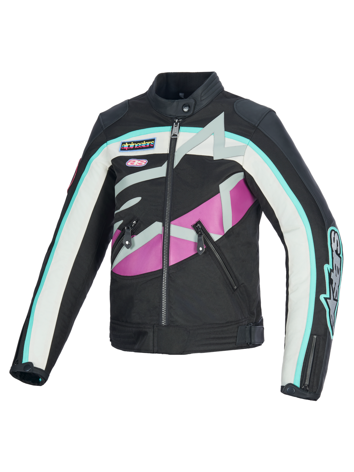 Casaco Feminino Alpinestars Idles, casaco de motociclismo, preto, off-white e roxo, com um design de inspiração vintage, logótipo Alpinestars envolvente e arrojado, emblemas da marca, construção em têxtil e couro, equipamento de condução urbana resistente à água