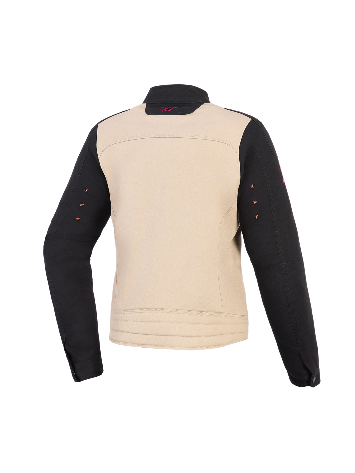 Casaco Alpinestars Stella Grace para Mulher, casaco de motociclismo, Aluminum Black, vista traseira, construção têxtil com tronco bege, mangas pretas e pequeno logótipo cor-de-rosa no colarinho